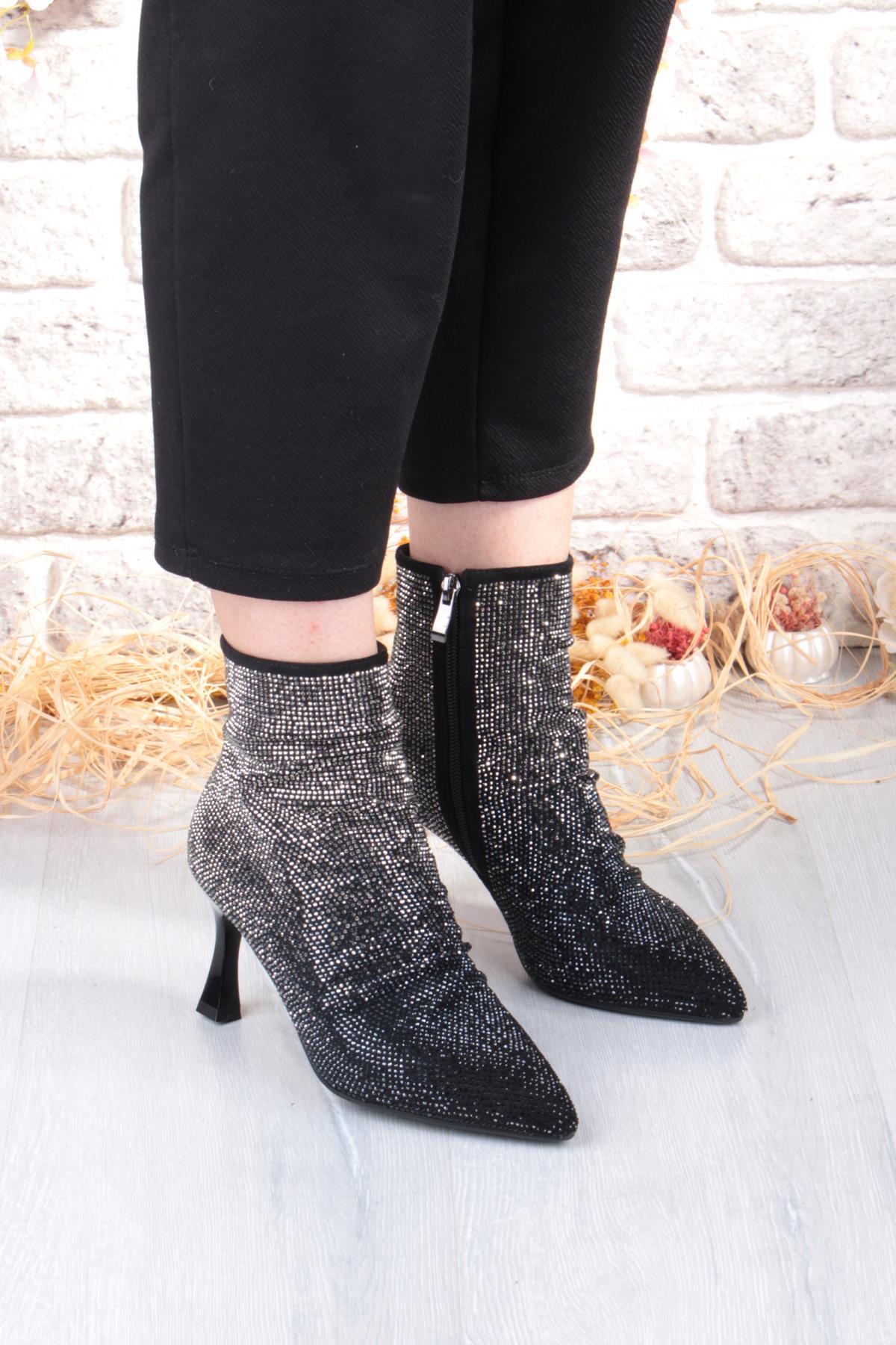 25K136 Rahat Taş Baskılı 7 Cm Yükseklik Topuklu Kadın Bot - Görsel 5