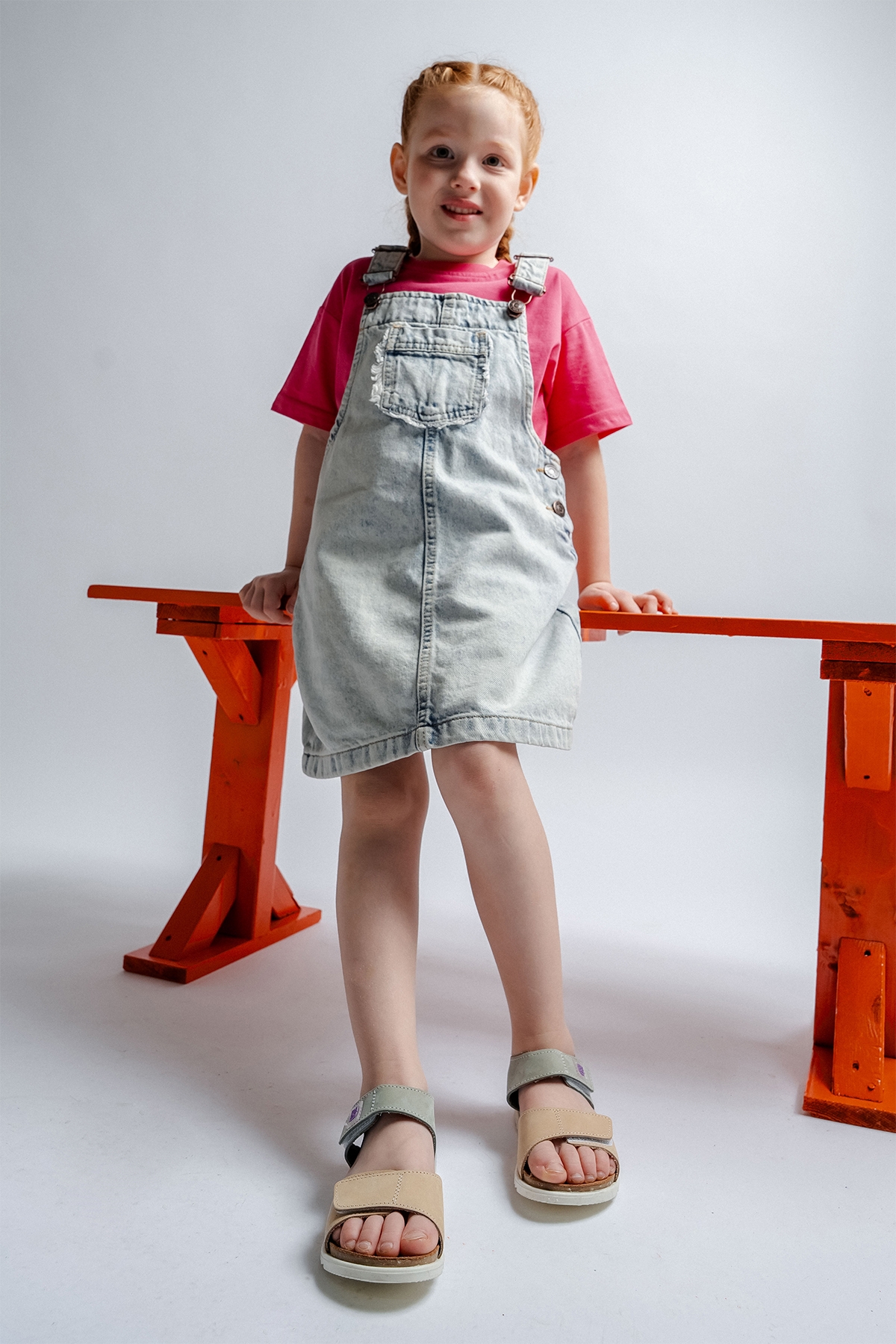 Unisex Çocuk Sarı-Su Yeşili Hakiki Deri Mantar Tabanlı Günlük Çocuk Sandalet - Görsel 4