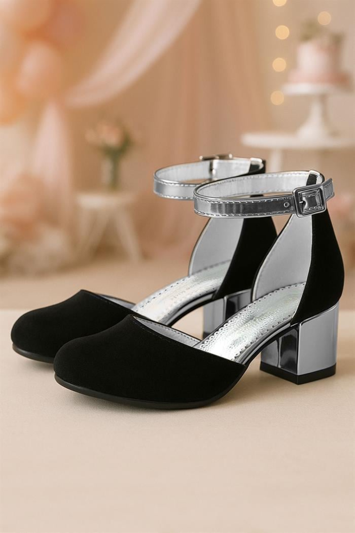 Merida Siyah Platin Kalın Topuklu Kız Çocuk Topuklu Ayakkabı - Görsel 3