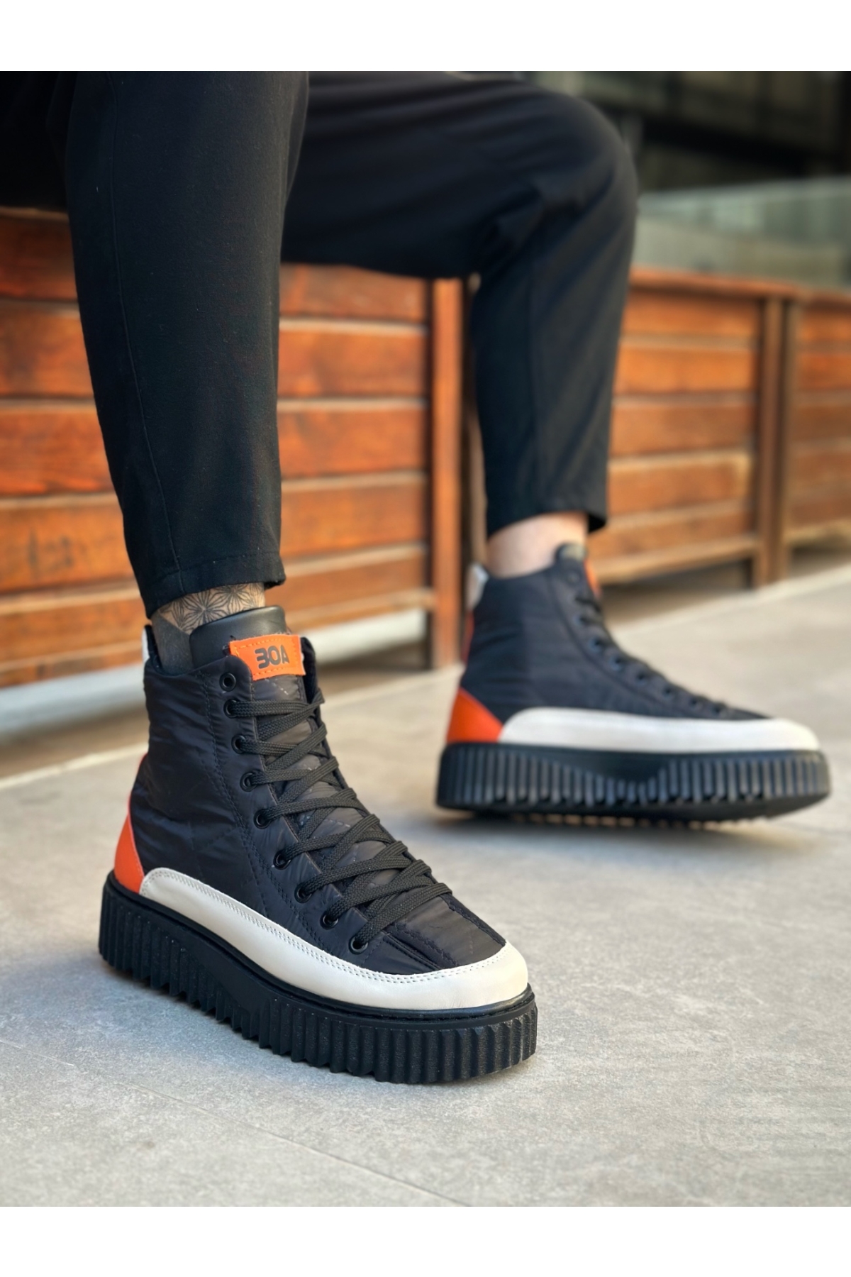 Bağcıklı Paraşüt Kumaş Turuncu Detaylı Erkek Spor Bot SİYAH (SİYAH TABAN) - Görsel 4