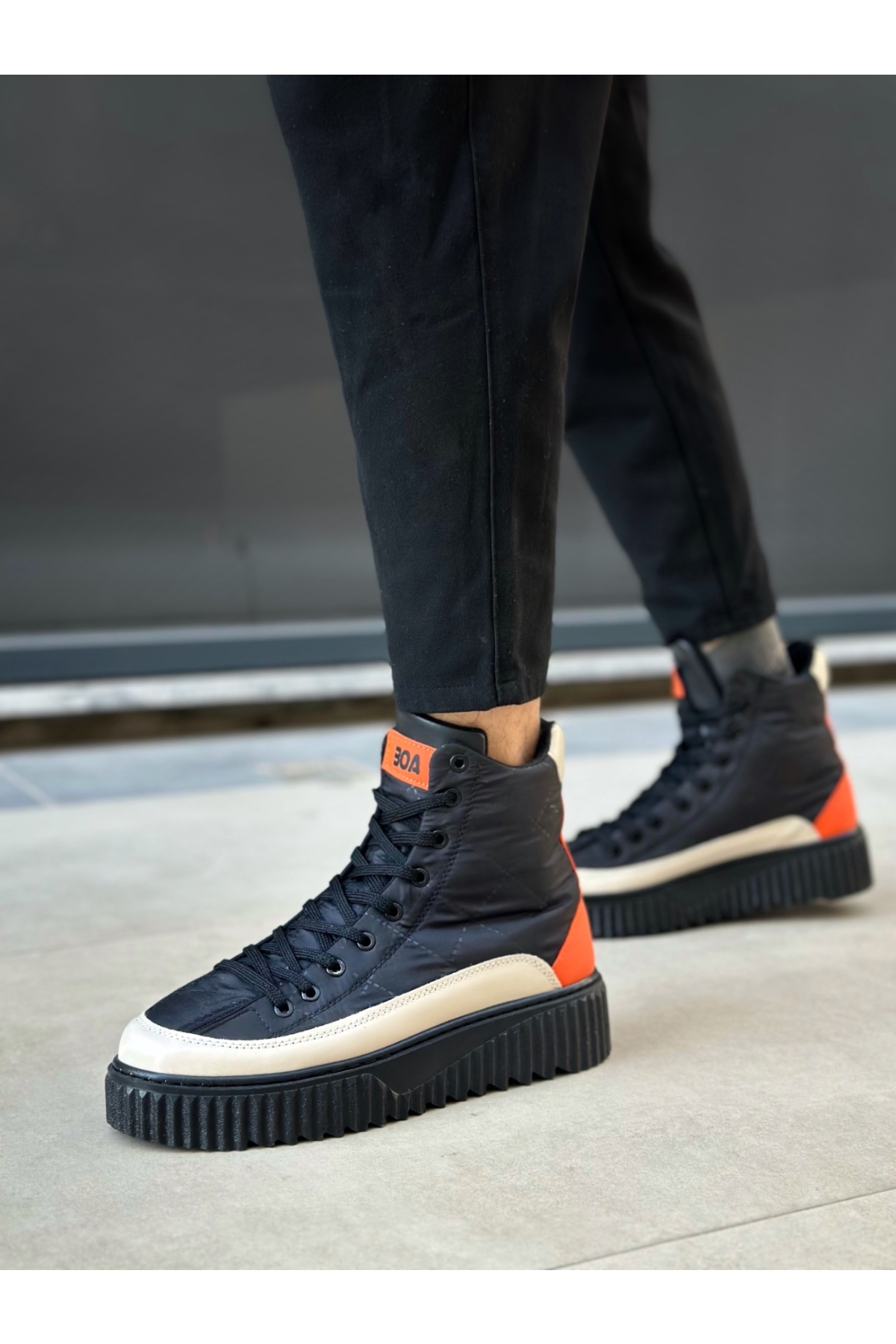 Bağcıklı Paraşüt Kumaş Turuncu Detaylı Erkek Spor Bot SİYAH (SİYAH TABAN) - Görsel 5