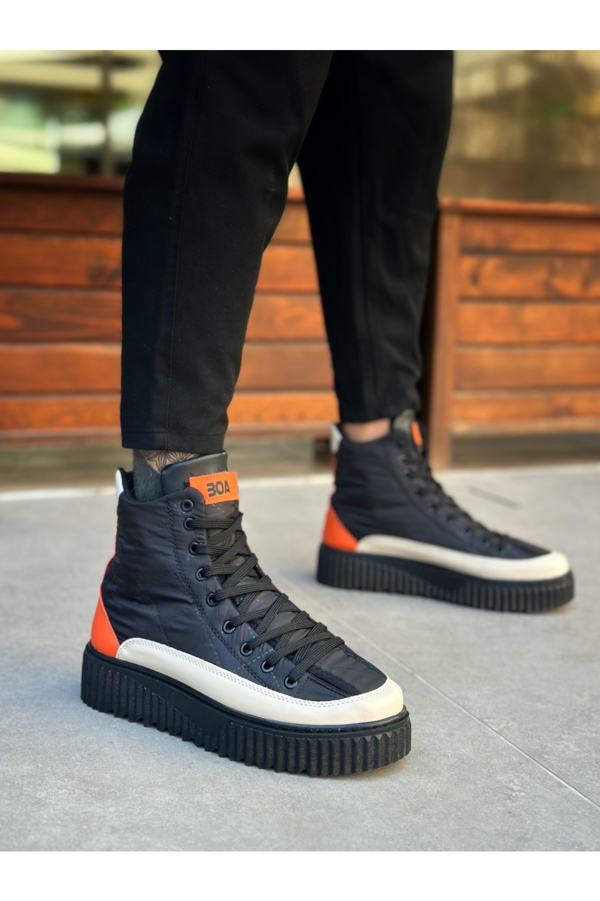 Bağcıklı Paraşüt Kumaş Turuncu Detaylı Erkek Spor Bot SİYAH (SİYAH TABAN) - Görsel 6