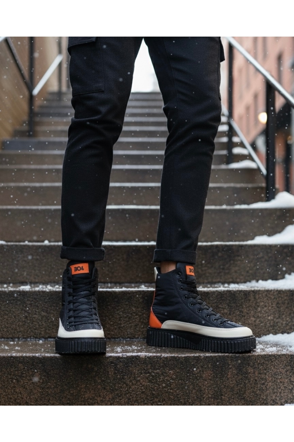 Bağcıklı Paraşüt Kumaş Turuncu Detaylı Erkek Spor Bot SİYAH (SİYAH TABAN) - Görsel 8