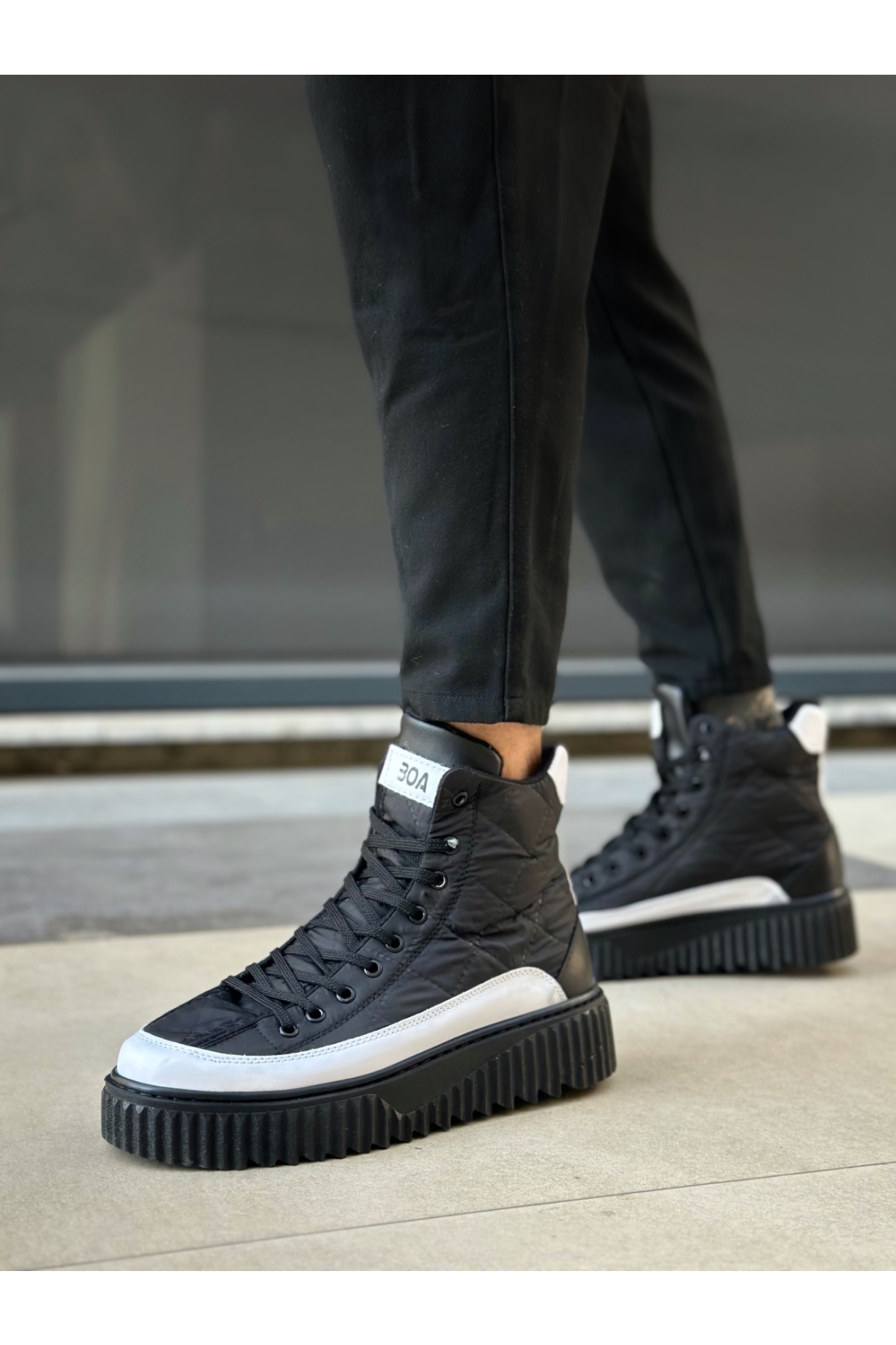 Bağcıklı Paraşüt Kumaş Beyaz Detaylı Erkek Spor Bot SİYAH (SİYAH TABAN) - Görsel 5