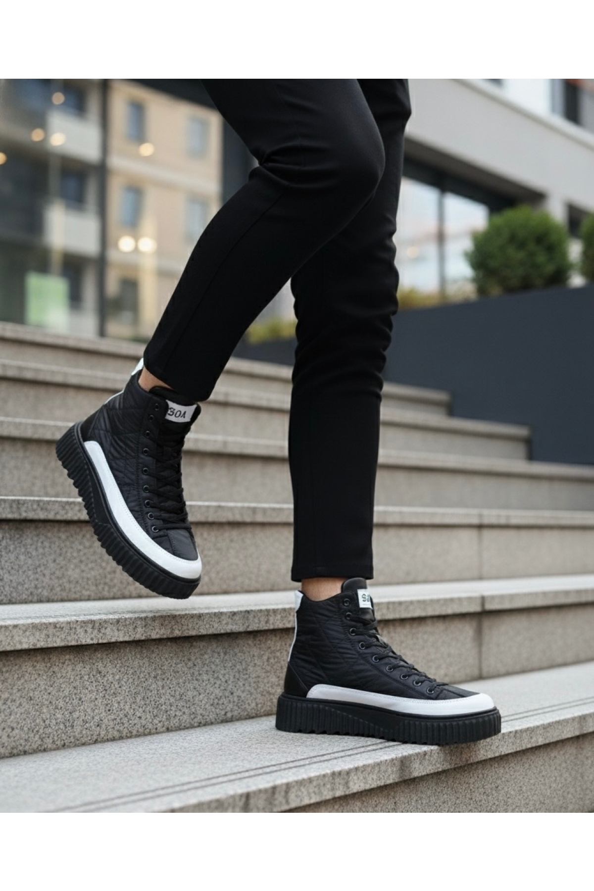 Bağcıklı Paraşüt Kumaş Beyaz Detaylı Erkek Spor Bot SİYAH (SİYAH TABAN) - Görsel 8