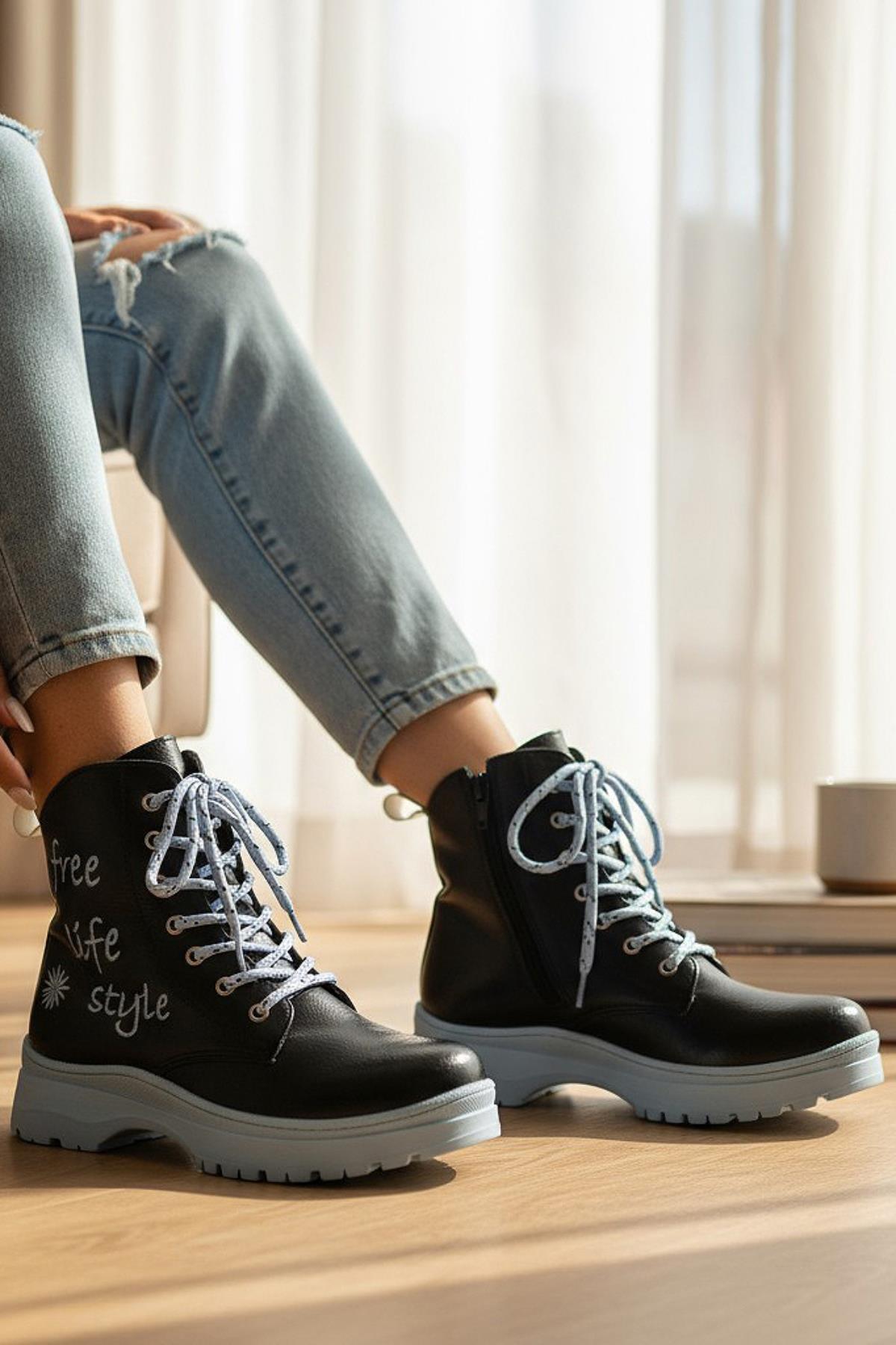 258 Ortopedik Bağcıklı Fermuarlı Kız Çocuk Bot Ayakkabı Kürklü Kız Çocuk Bot - Görsel 7