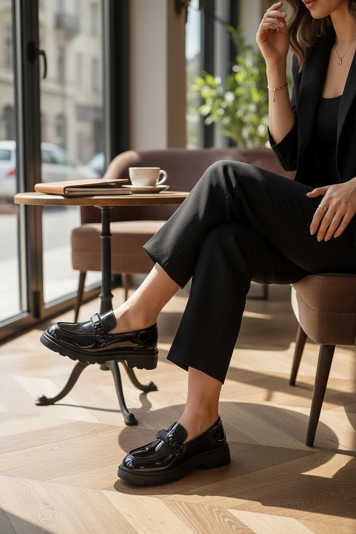 812-L Rahat Taban Günlük Siyah Kadın Laofer Ayakkabı Casual Kadın Ayakkabı Rugan - Görsel 2