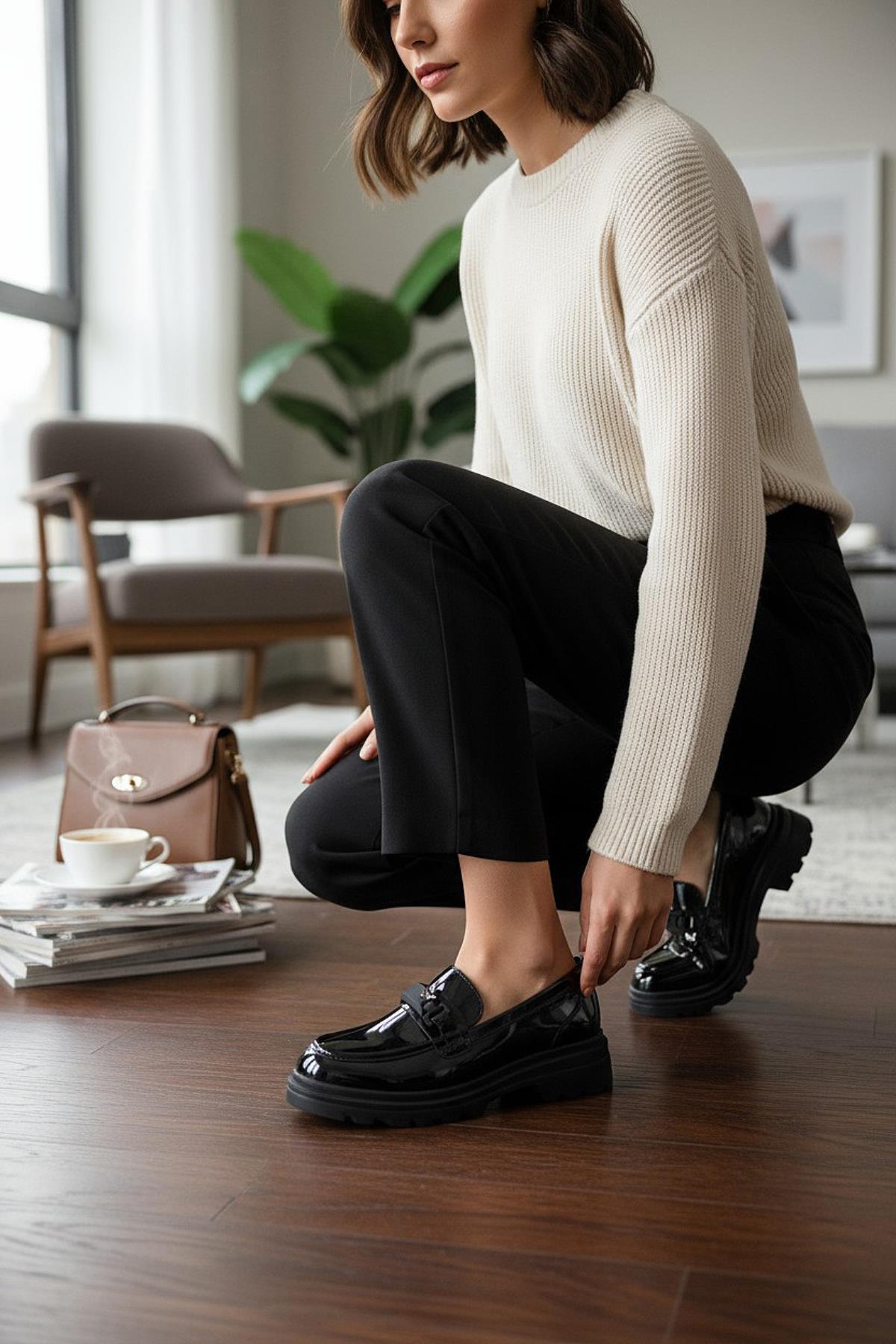 812-L Rahat Taban Günlük Siyah Kadın Laofer Ayakkabı Casual Kadın Ayakkabı Rugan - Görsel 4