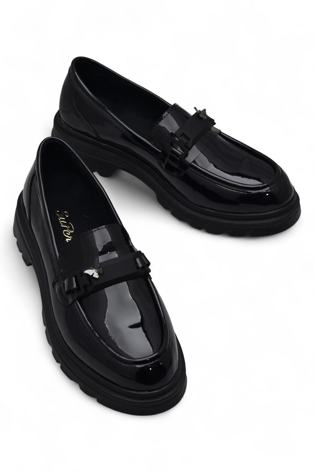 812-L Rahat Taban Günlük Siyah Kadın Laofer Ayakkabı Casual Kadın Ayakkabı Rugan - Görsel 5