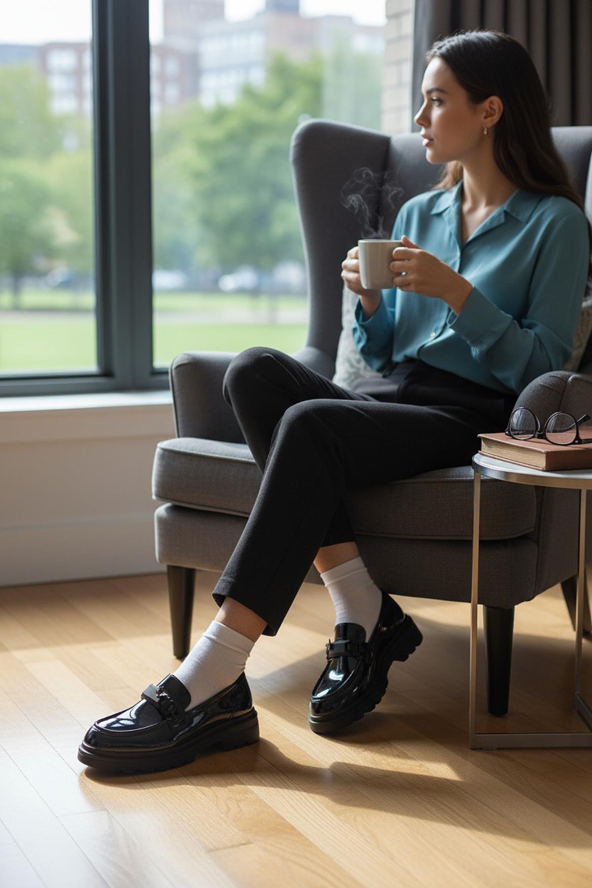 812-L Rahat Taban Günlük Siyah Kadın Laofer Ayakkabı Casual Kadın Ayakkabı Rugan - Görsel 6