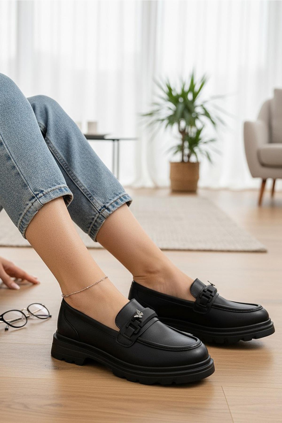 812-L Rahat Taban Günlük Siyah Kadın Laofer Ayakkabı Casual Kadın Ayakkabı Rugan - Görsel 2