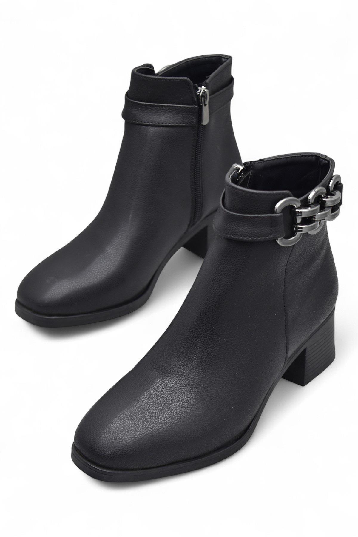 6597 Günlük Fermuarlı Kadın Topuklu Bot Ayakkabı Siyah Klasik Kısa Topuklu Bot - Görsel 3
