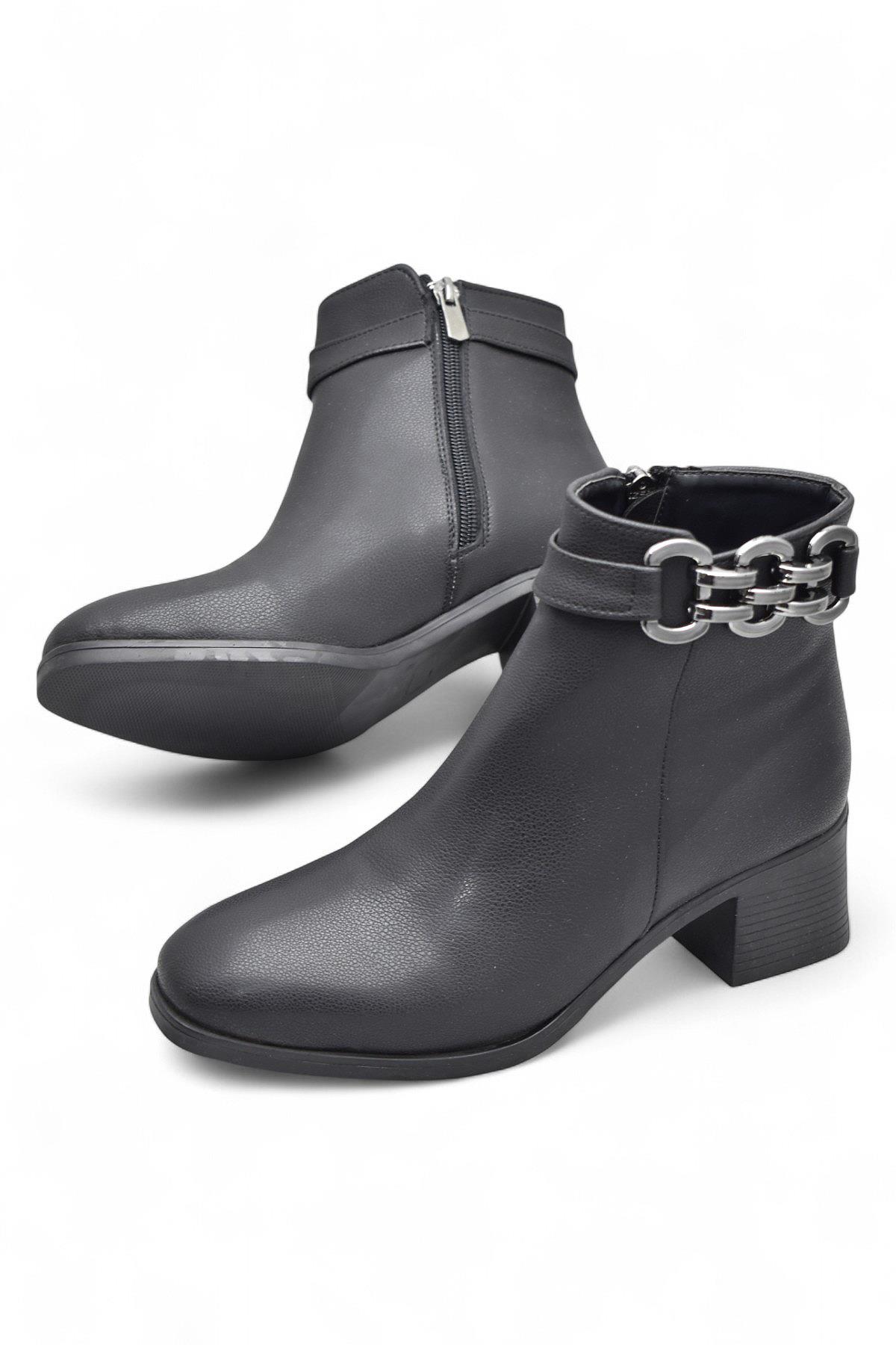 6597 Günlük Fermuarlı Kadın Topuklu Bot Ayakkabı Siyah Klasik Kısa Topuklu Bot - Görsel 4