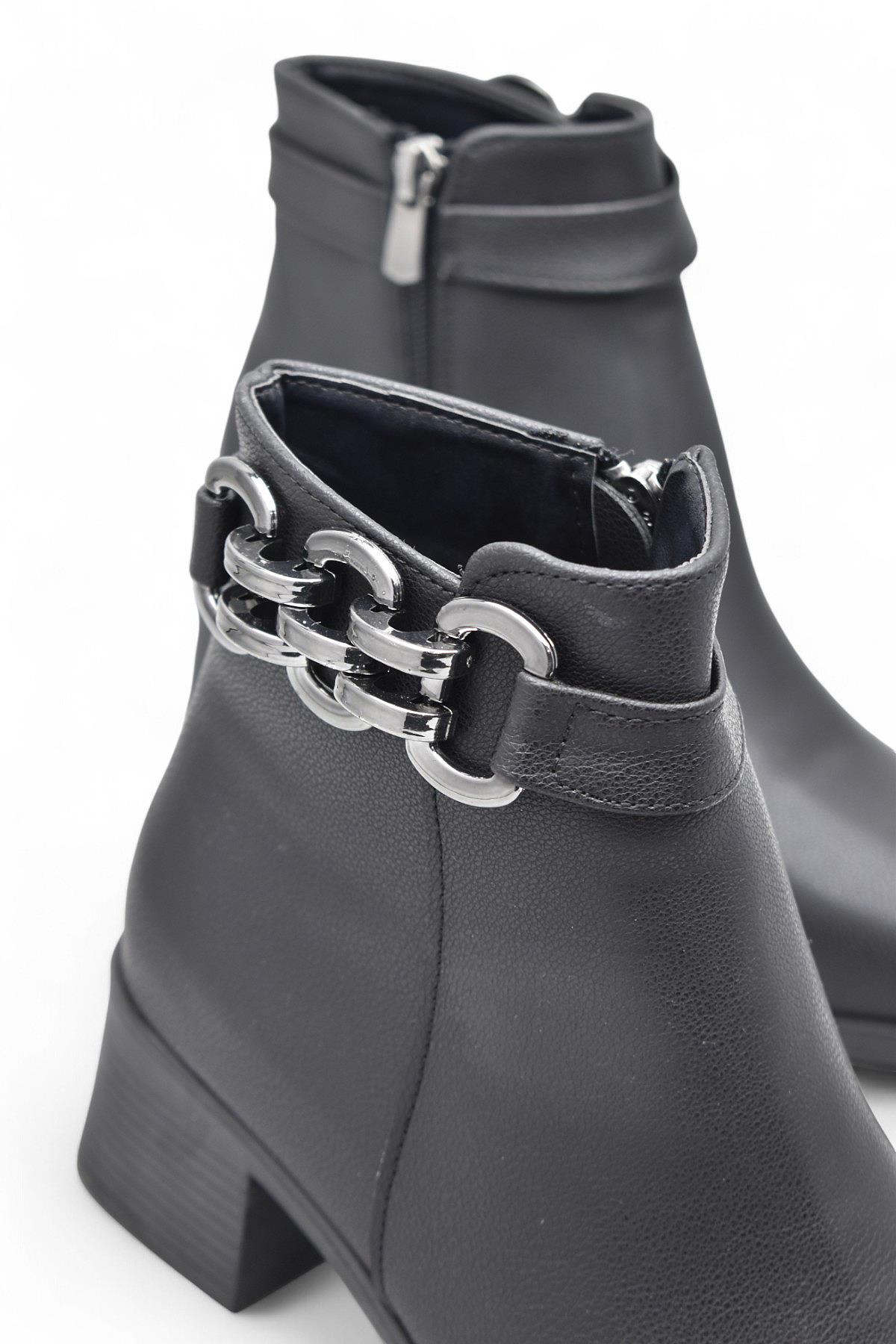 6597 Günlük Fermuarlı Kadın Topuklu Bot Ayakkabı Siyah Klasik Kısa Topuklu Bot - Görsel 6
