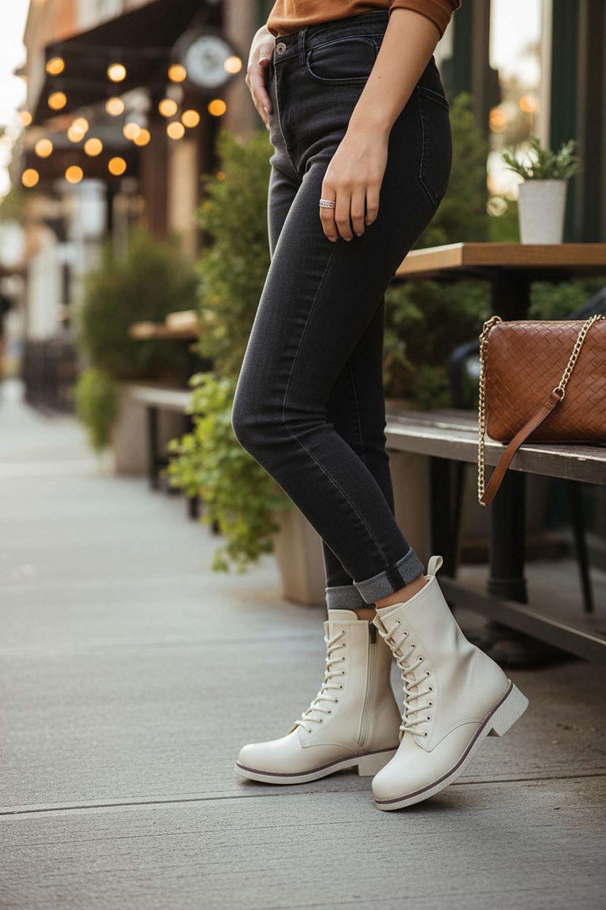 4659 Kadın Bot Ayakkabı Kaymaz Taban Fermuarlı Bağcıklı Günlük Kadın Bot - Görsel 8