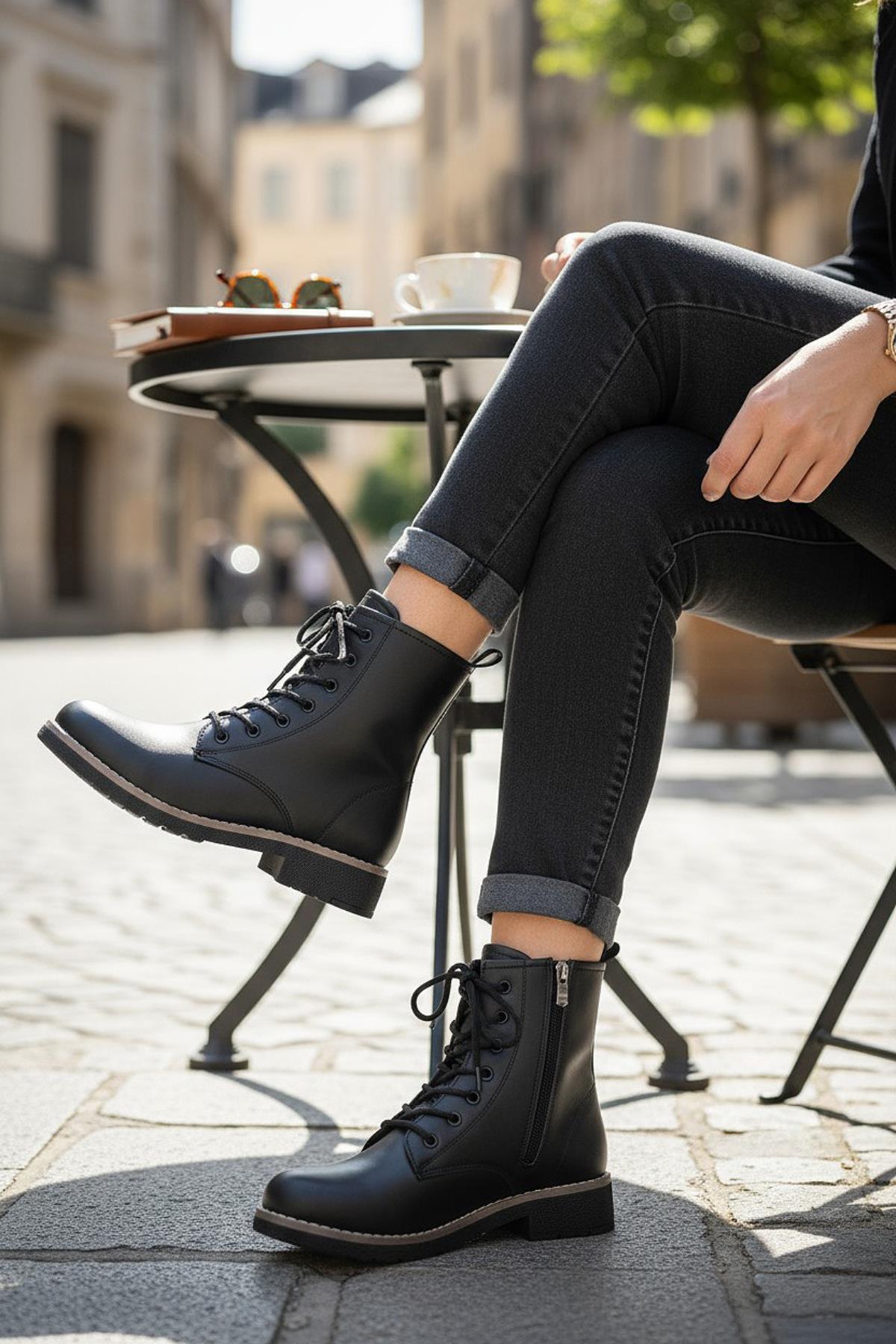 4659 Kadın Bot Ayakkabı Kaymaz Taban Fermuarlı Bağcıklı Günlük Kadın Bot - Görsel 2