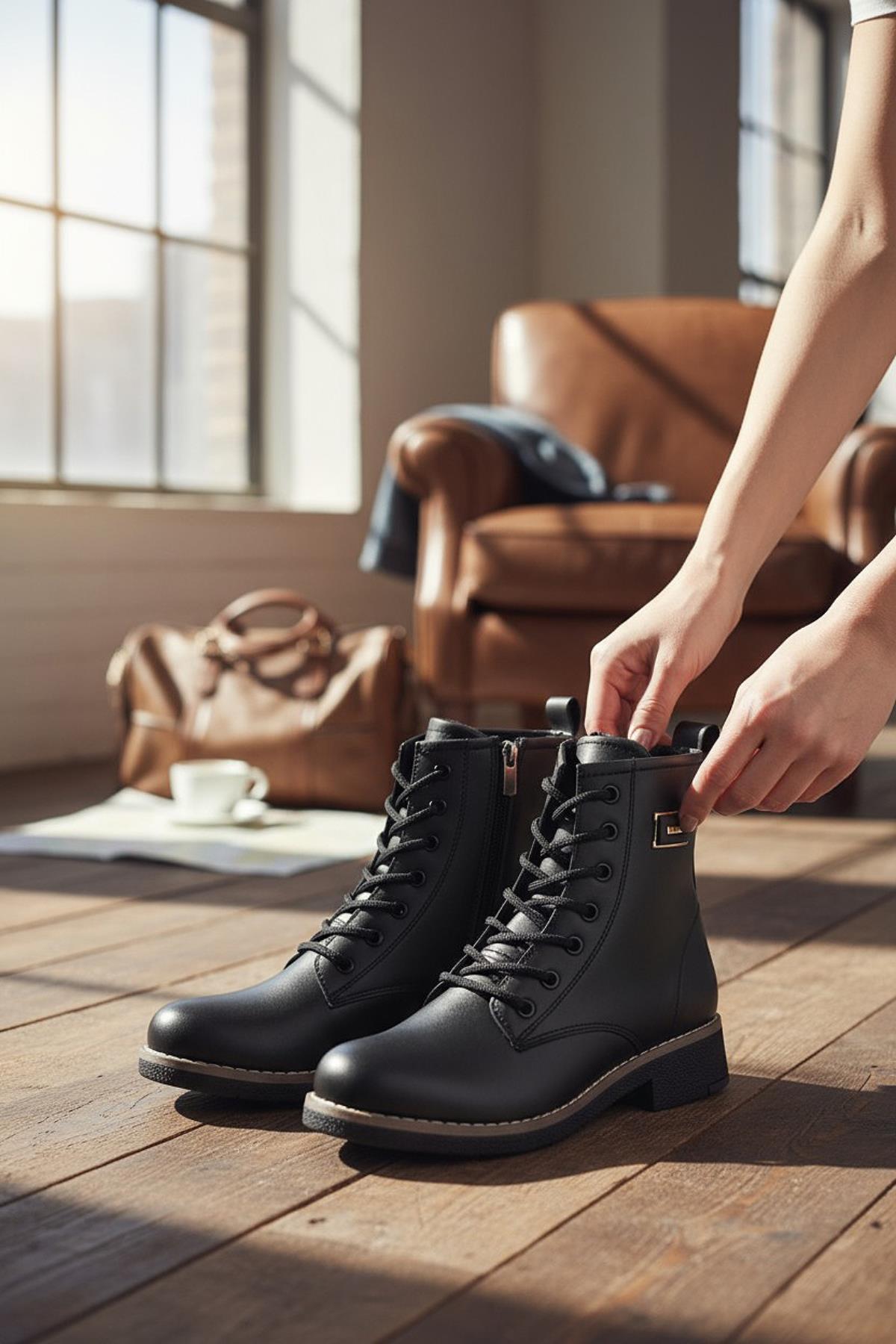 4659 Kadın Bot Ayakkabı Kaymaz Taban Fermuarlı Bağcıklı Günlük Kadın Bot - Görsel 3