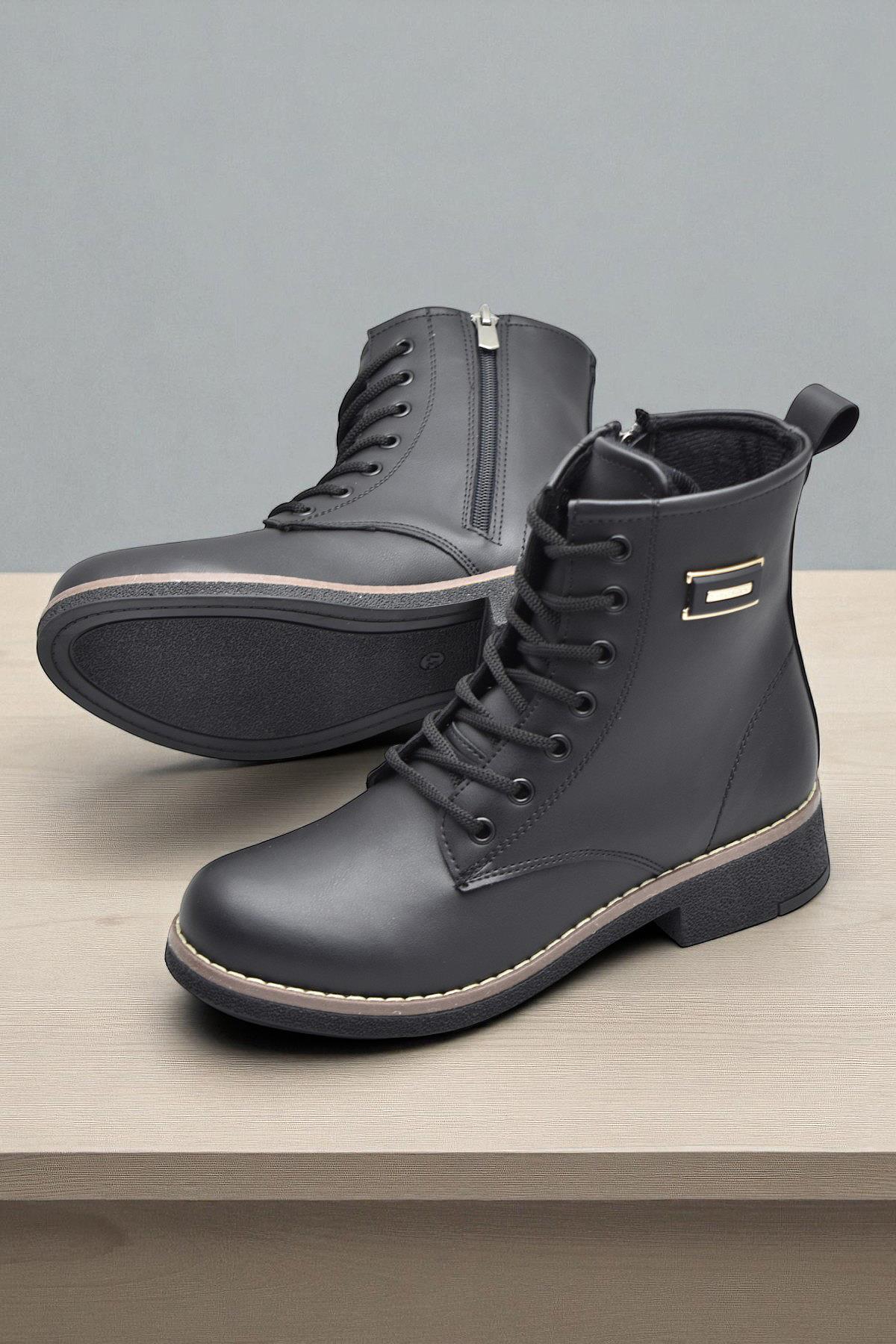 4659 Kadın Bot Ayakkabı Kaymaz Taban Fermuarlı Bağcıklı Günlük Kadın Bot - Görsel 6