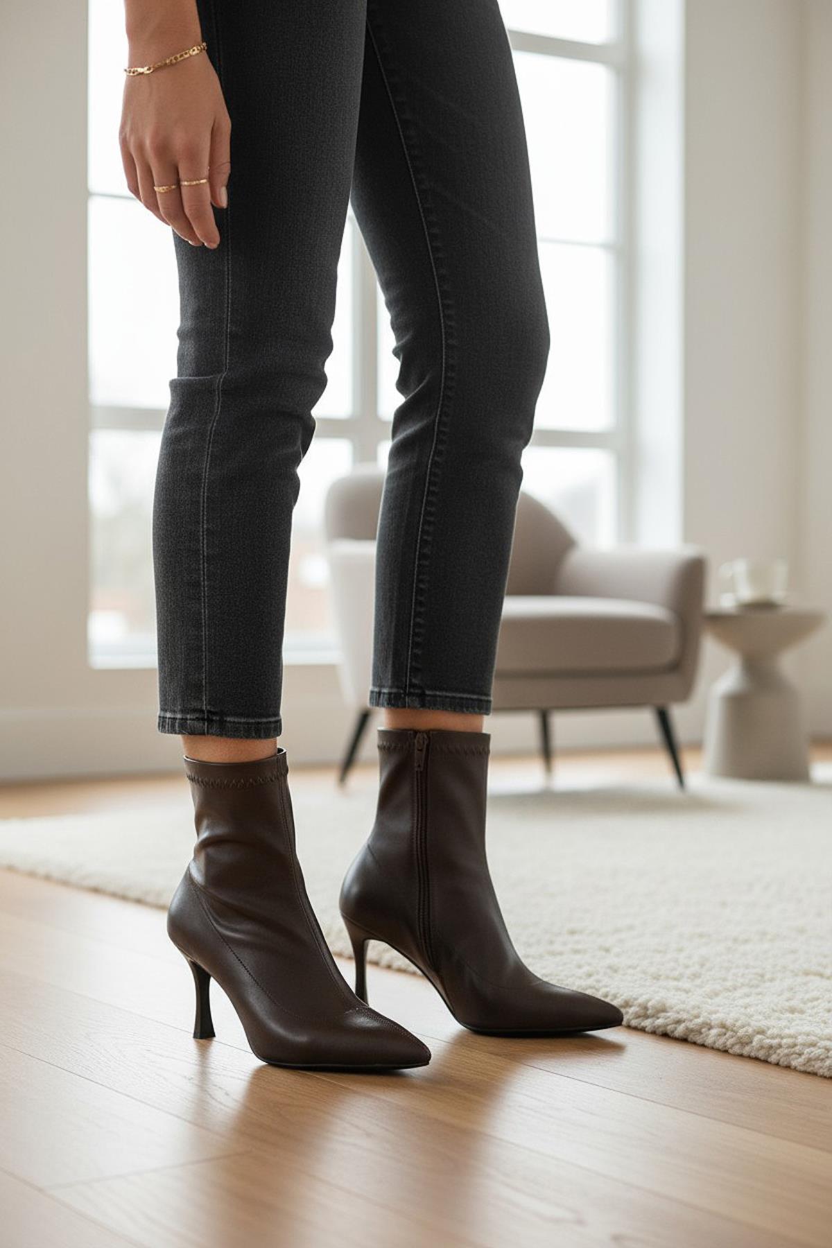 564FD Günlük Fermuarlı Kadın Topuklu Bot Ayakkabı İnce Topuk Klasik Topuklu Bot - Görsel 2