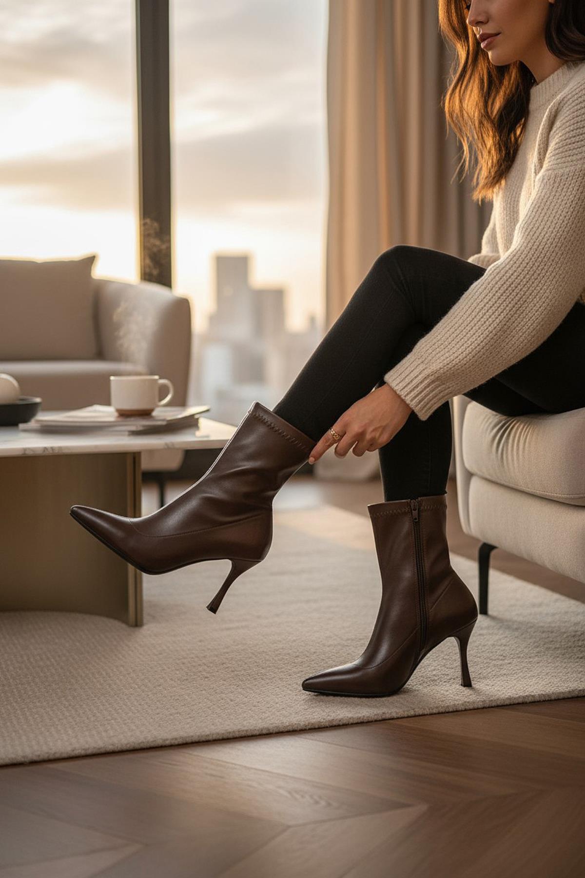 564FD Günlük Fermuarlı Kadın Topuklu Bot Ayakkabı İnce Topuk Klasik Topuklu Bot - Görsel 3