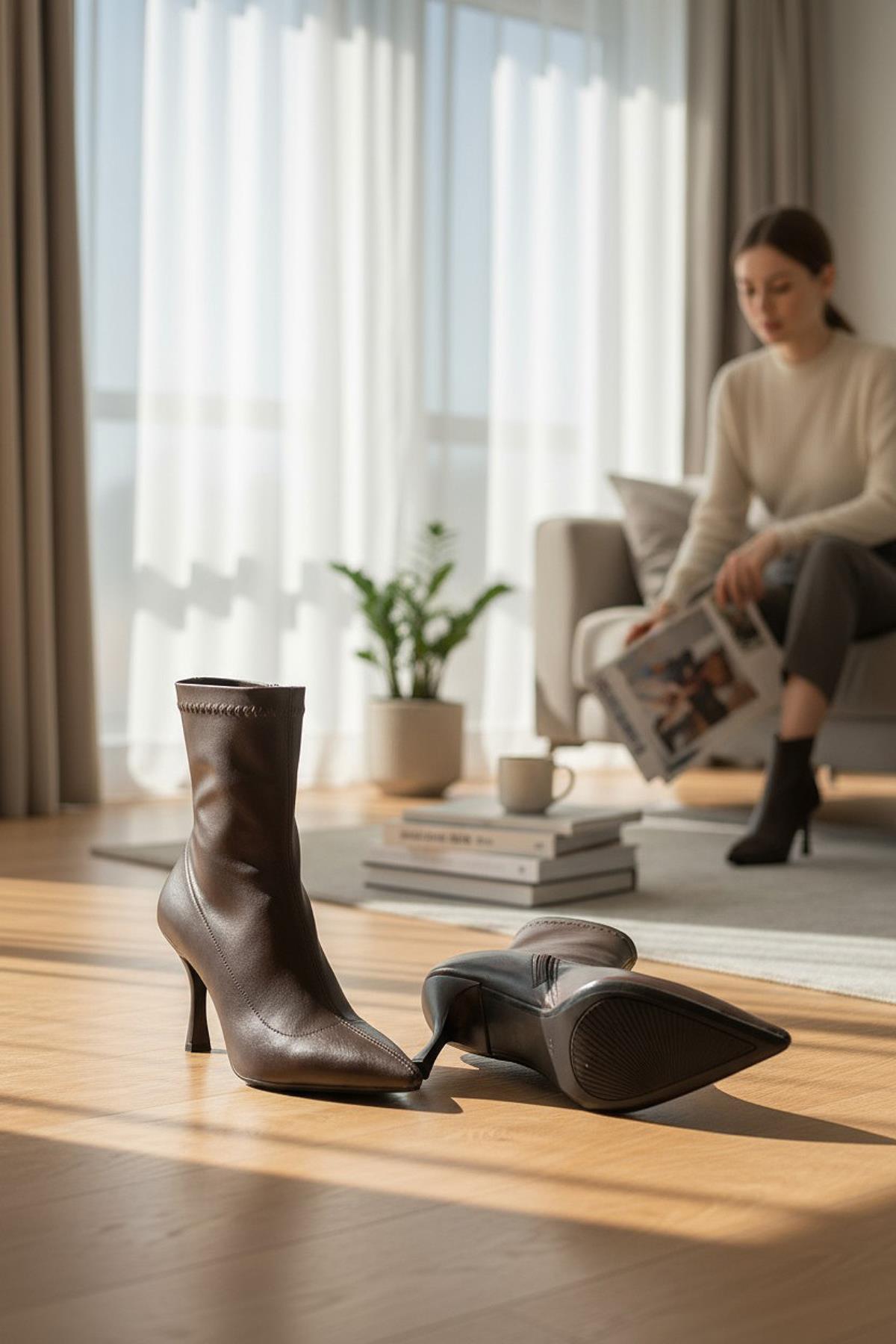 564FD Günlük Fermuarlı Kadın Topuklu Bot Ayakkabı İnce Topuk Klasik Topuklu Bot - Görsel 4