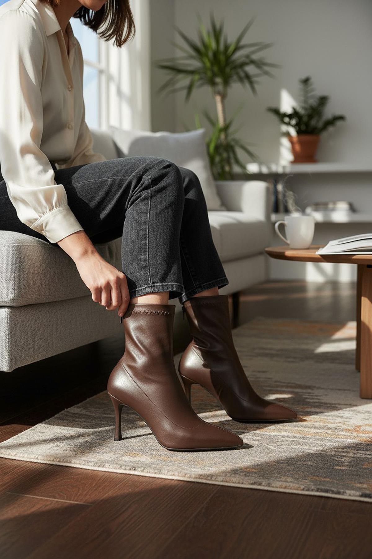 564FD Günlük Fermuarlı Kadın Topuklu Bot Ayakkabı İnce Topuk Klasik Topuklu Bot - Görsel 5