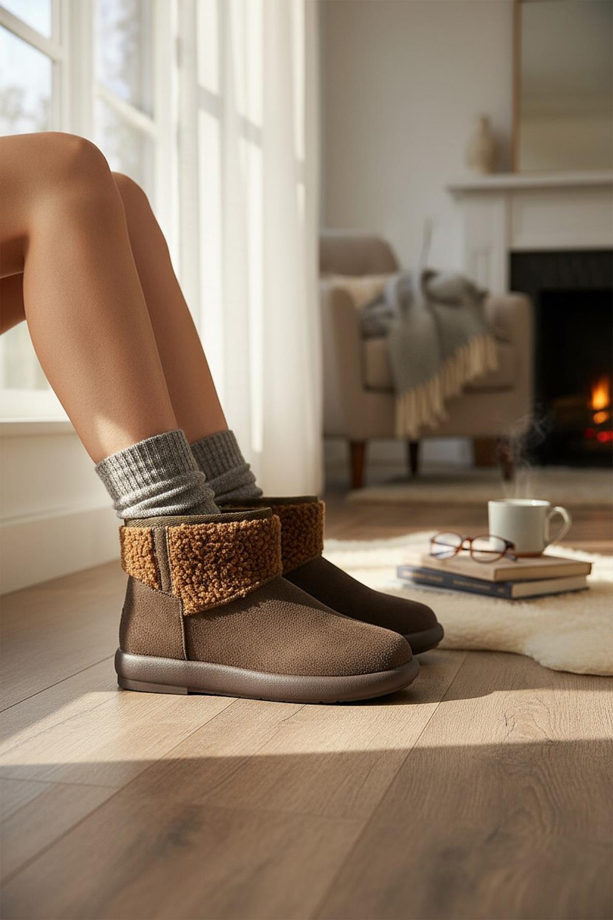 616 Günlük Kadın Bot Süet İçi Kürklü Yüksek Kalın Taban Kışlık Bot - Görsel 2