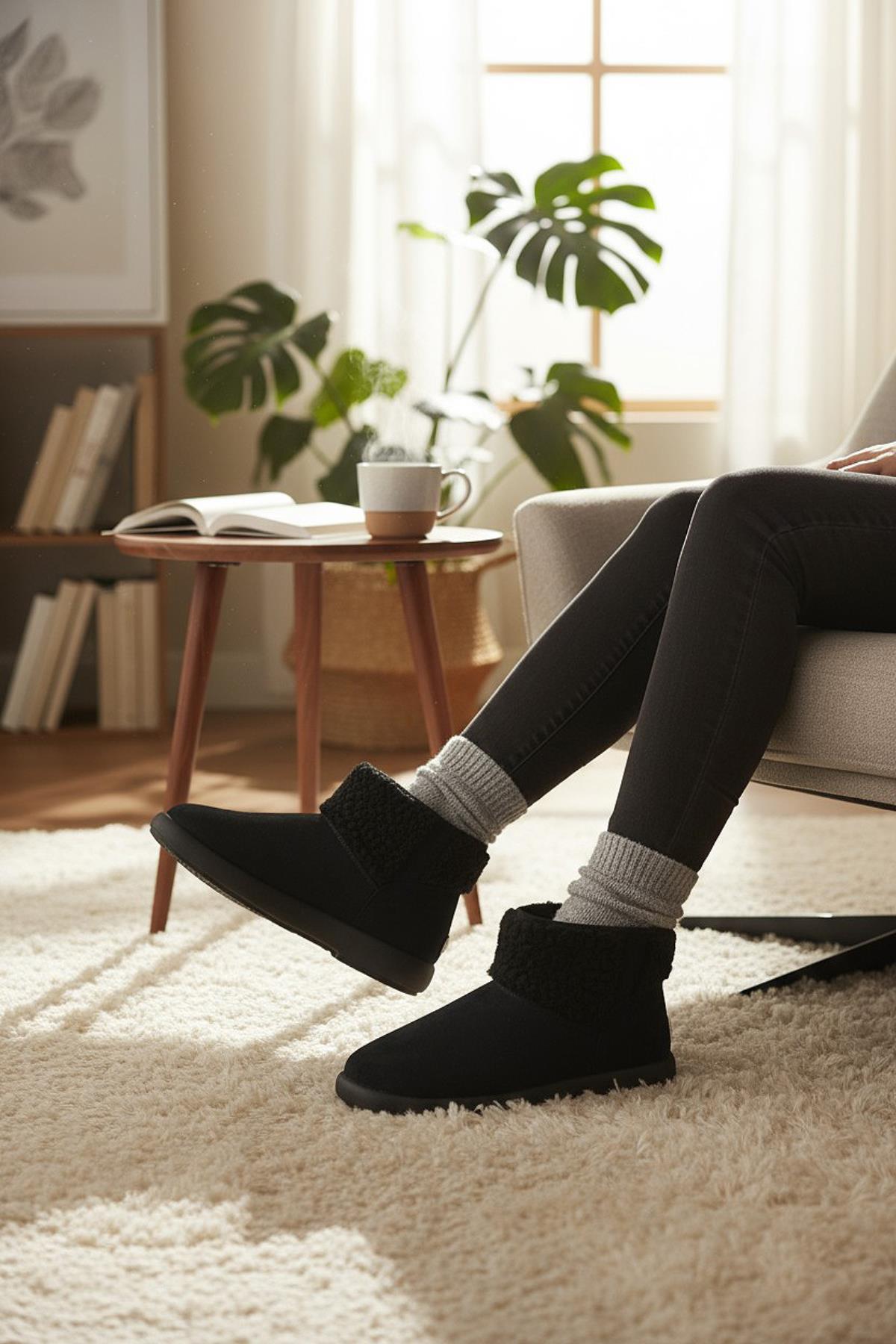 616 Günlük Kadın Bot Süet İçi Kürklü Yüksek Kalın Taban Kışlık Bot - Görsel 3