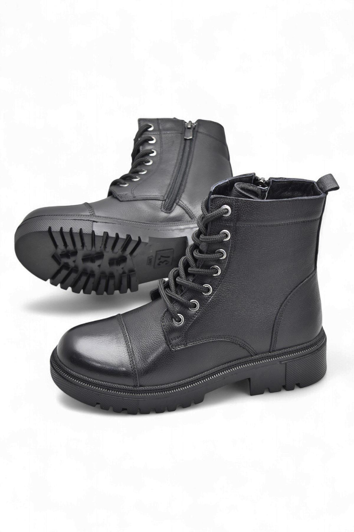 19832 Tam Ortopedik Siyah Hakiki Deri Kadın Bot Bağcıklı Fermuarlı Kışlık Deri Kadın Bot - Görsel 4