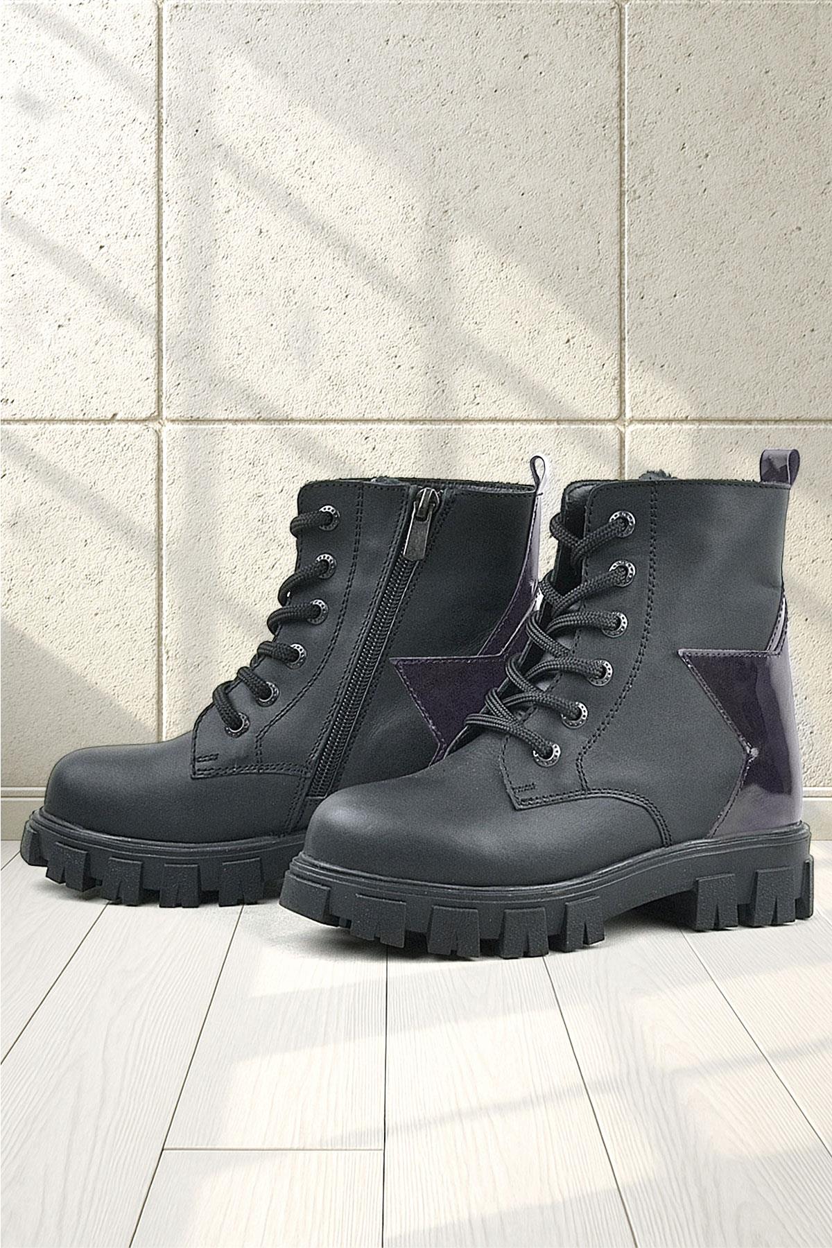 Siyah Hakiki Deri Platin Yıldız Detaylı Kız Çocuk Bot - Görsel 3