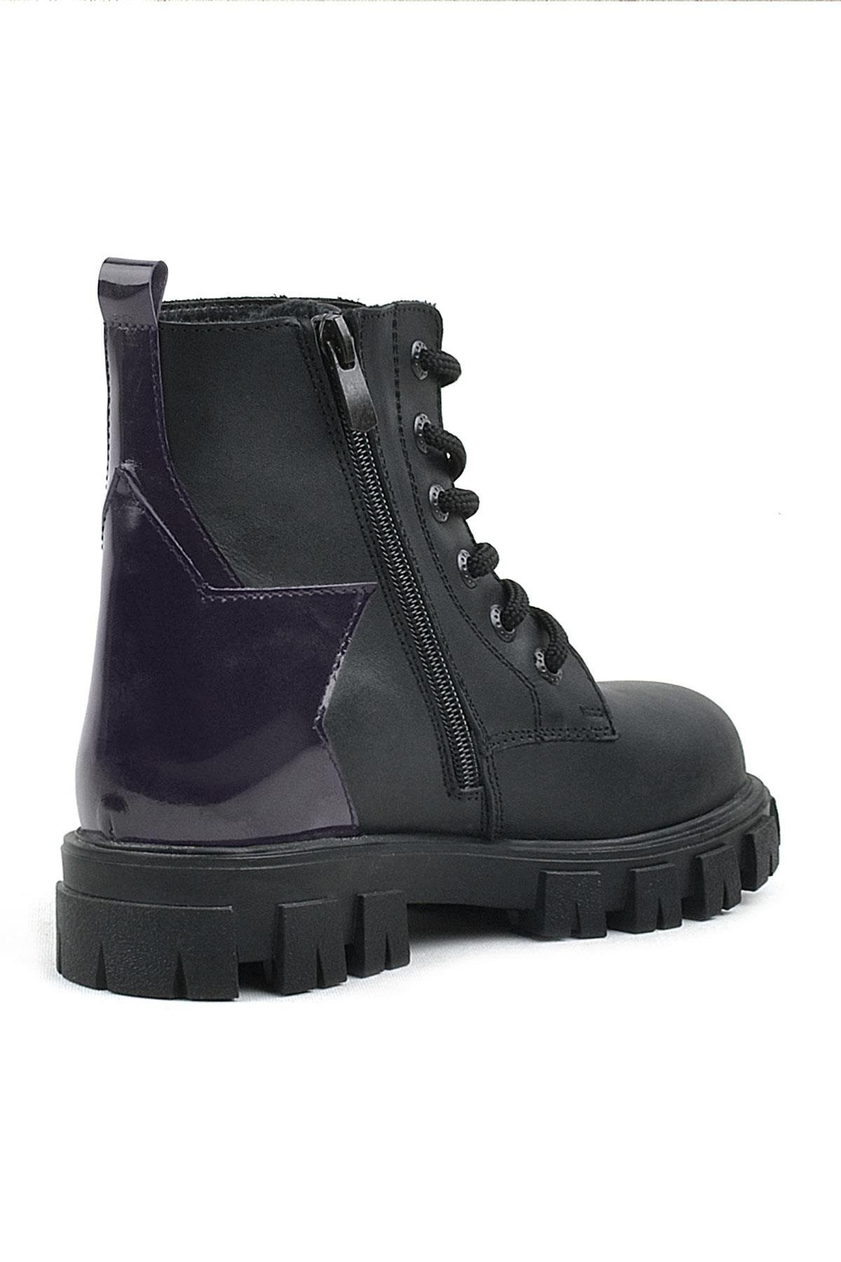 Siyah Hakiki Deri Platin Yıldız Detaylı Kız Çocuk Bot - Görsel 5