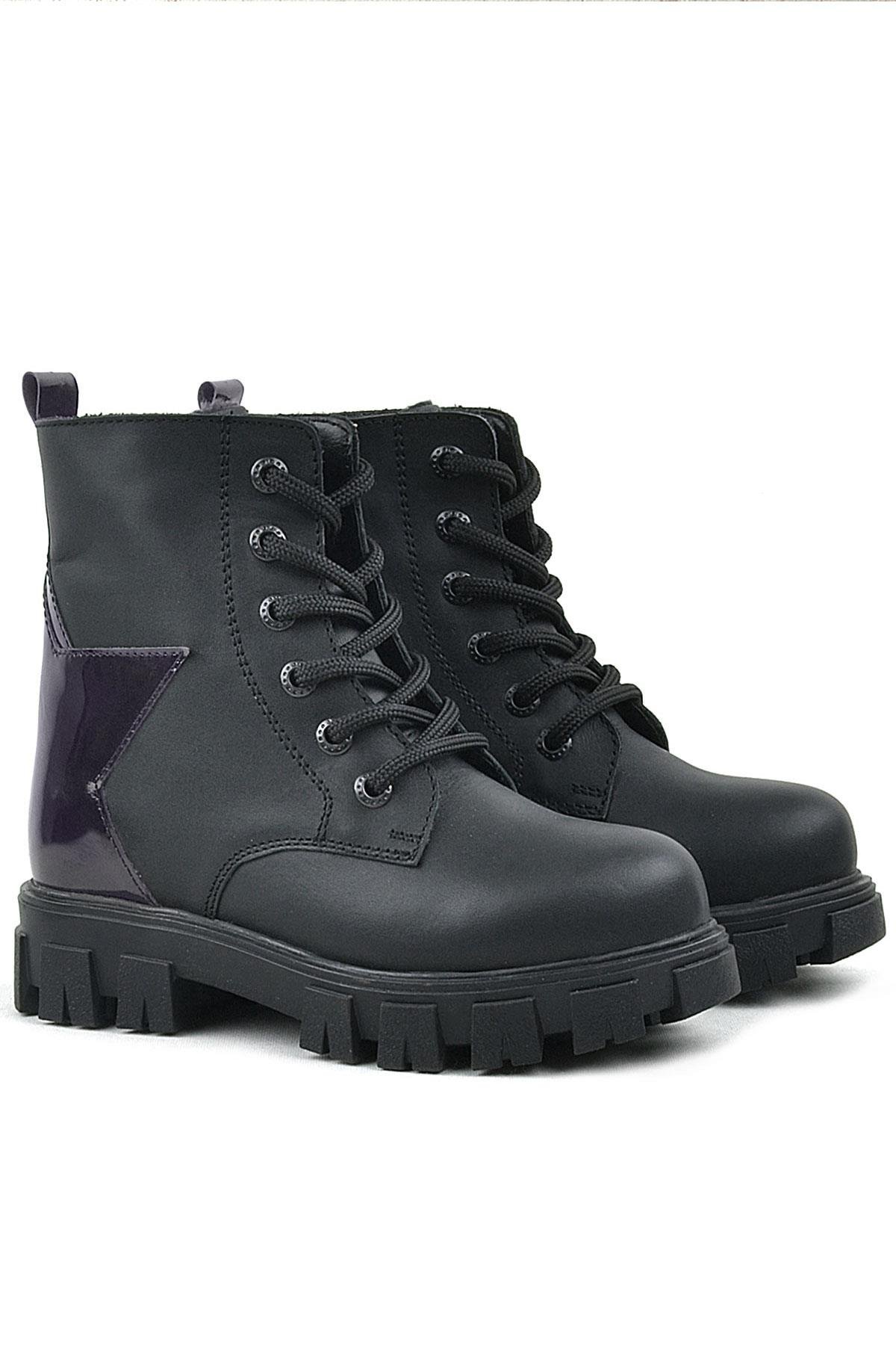 Siyah Hakiki Deri Platin Yıldız Detaylı Kız Çocuk Bot - Görsel 6