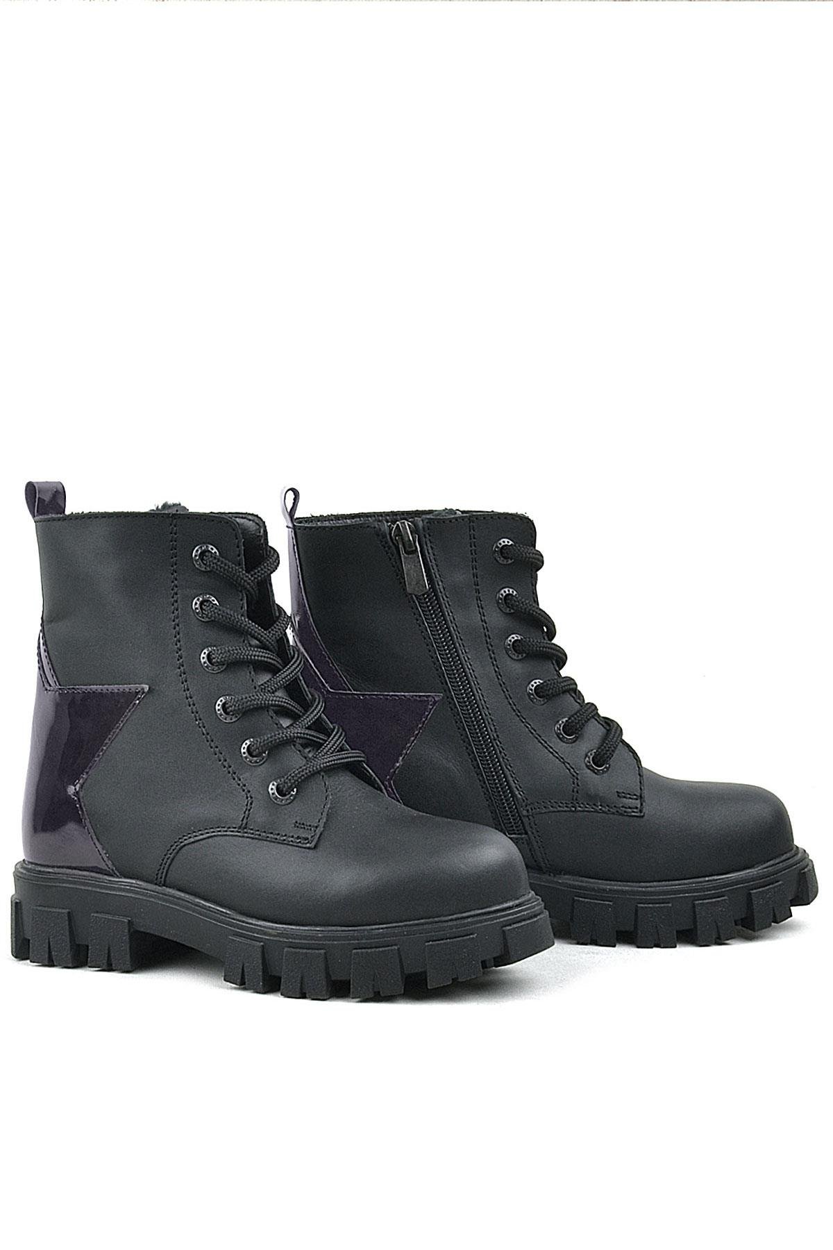 Siyah Hakiki Deri Platin Yıldız Detaylı Kız Çocuk Bot - Görsel 7