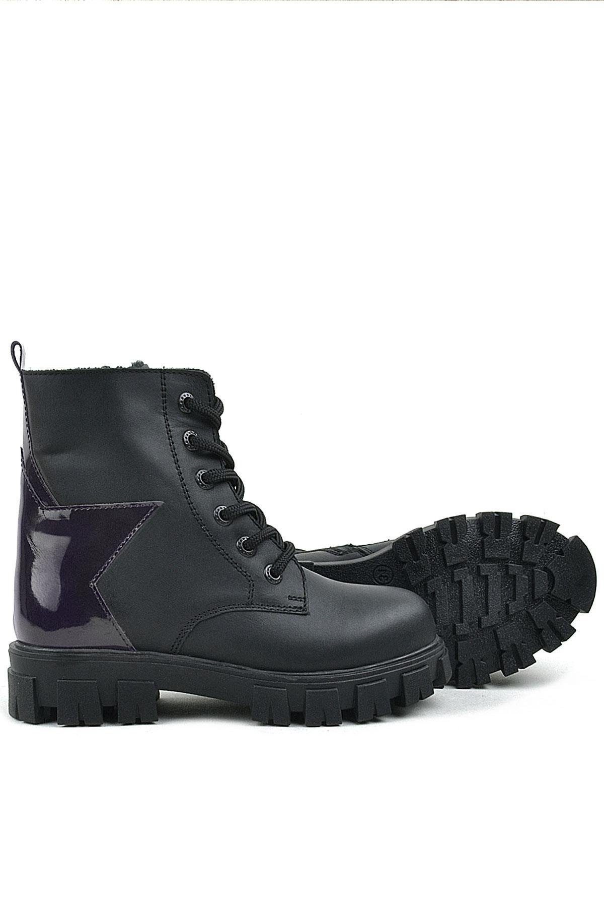 Siyah Hakiki Deri Platin Yıldız Detaylı Kız Çocuk Bot - Görsel 8