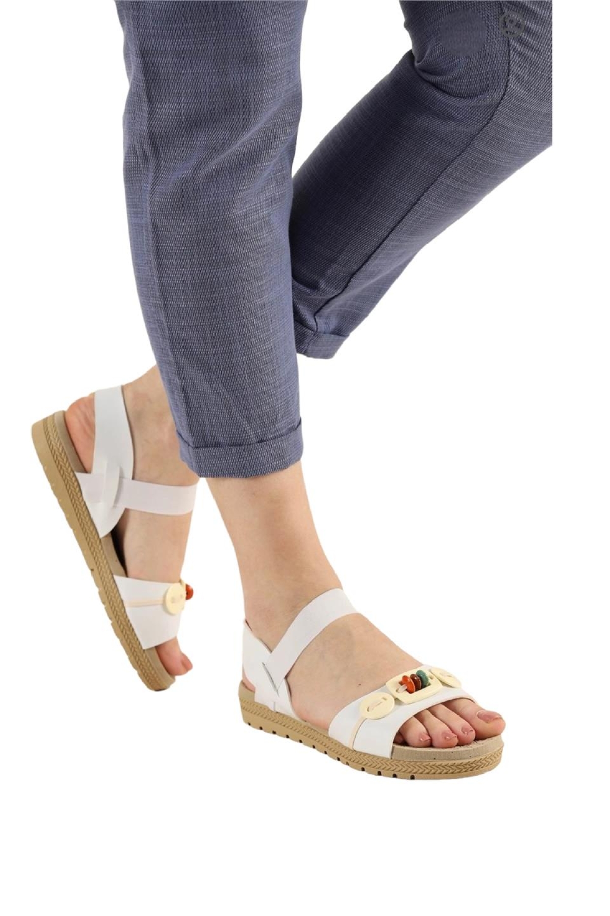 Lastikli Boncuk Detaylı Günlük Kadın Sandalet BEYAZ - Görsel 2