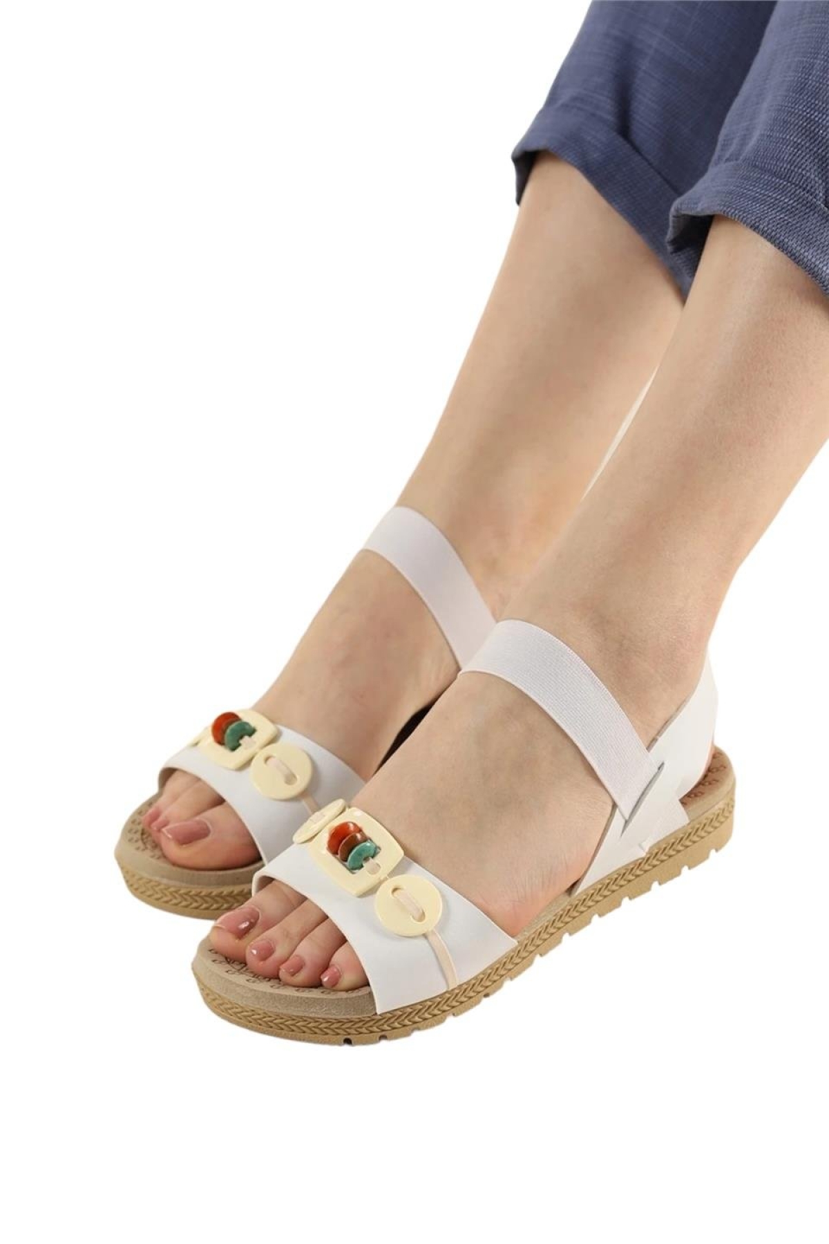Lastikli Boncuk Detaylı Günlük Kadın Sandalet BEYAZ - Görsel 4