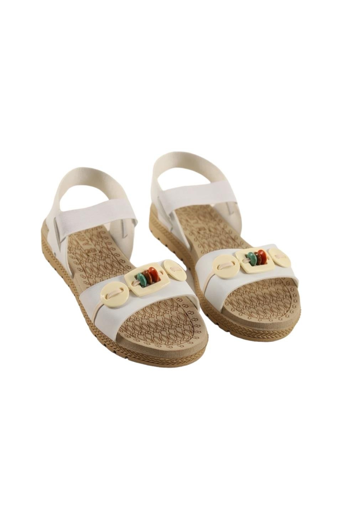 Lastikli Boncuk Detaylı Günlük Kadın Sandalet BEYAZ - Görsel 5