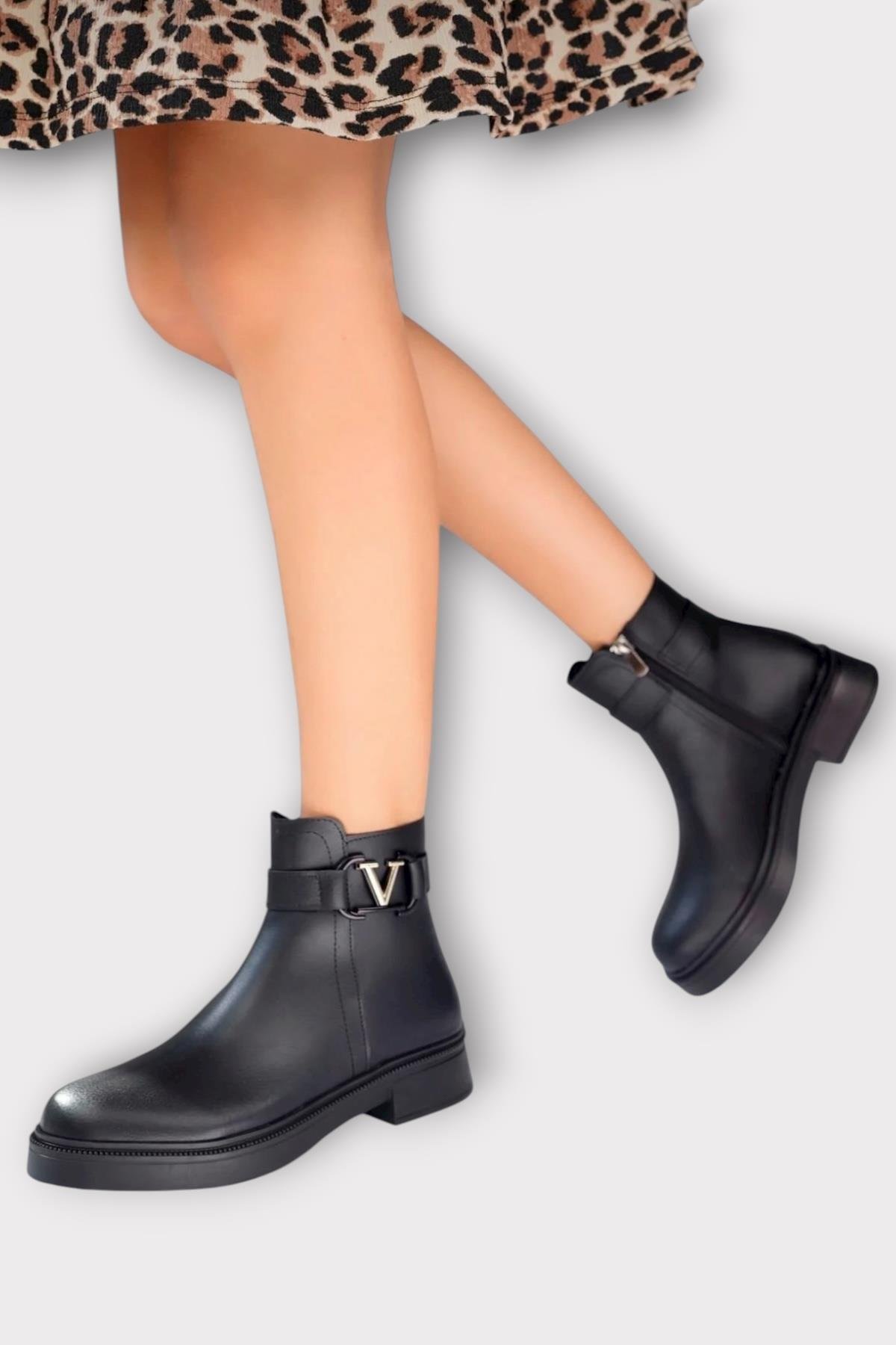 Kısa Topuklu Fermuarlı Kadın Bot SİYAH - ALTIN - Görsel 3