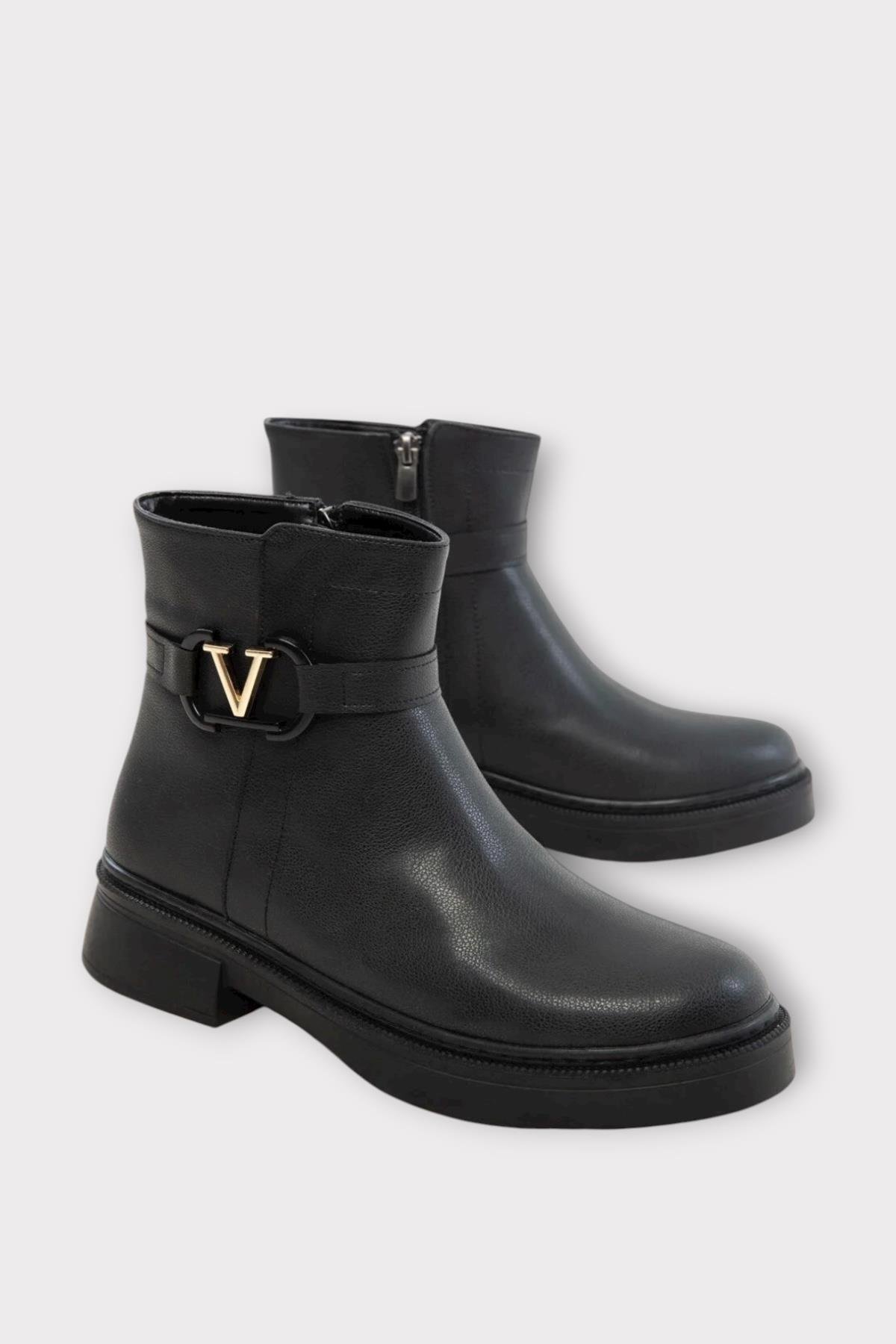 Kısa Topuklu Fermuarlı Kadın Bot SİYAH - ALTIN - Görsel 6