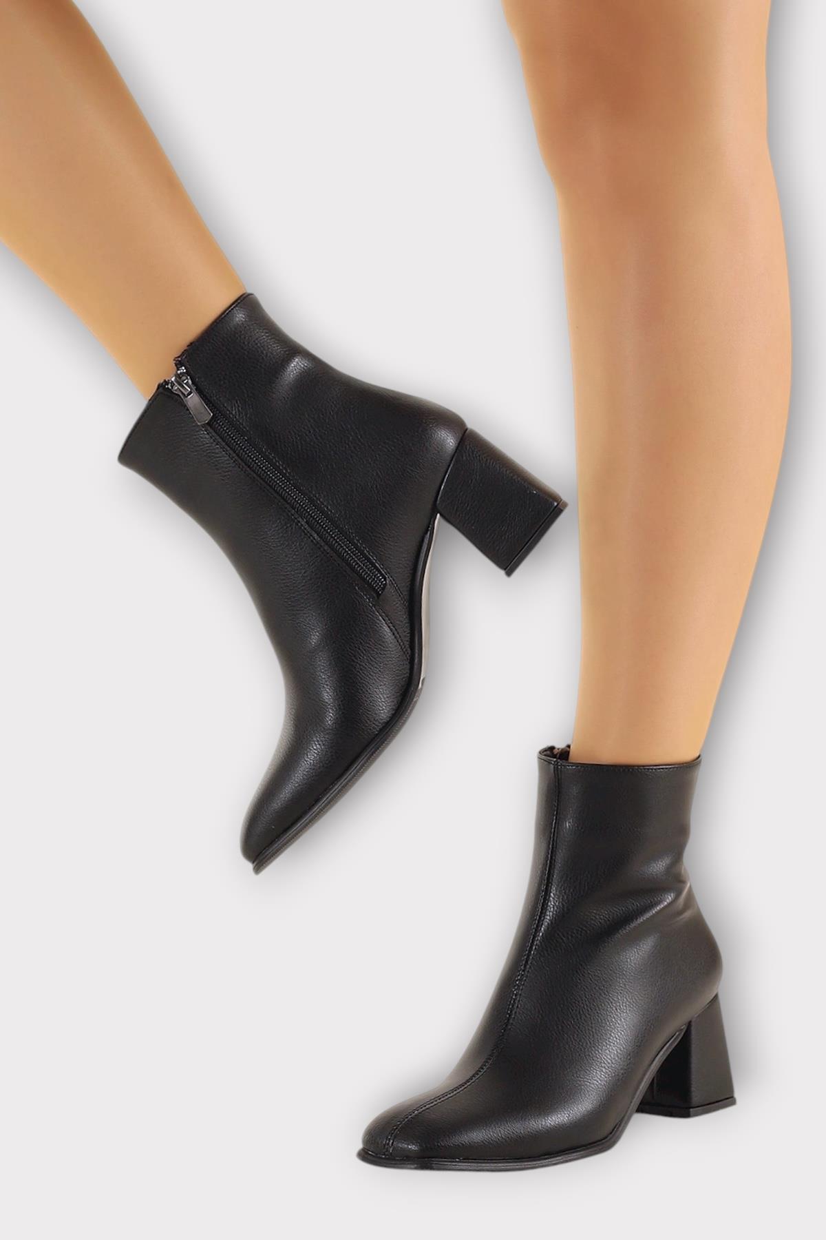 Kalın Topuklu Fermuarlı Kadın Bot SİYAH - Görsel 3
