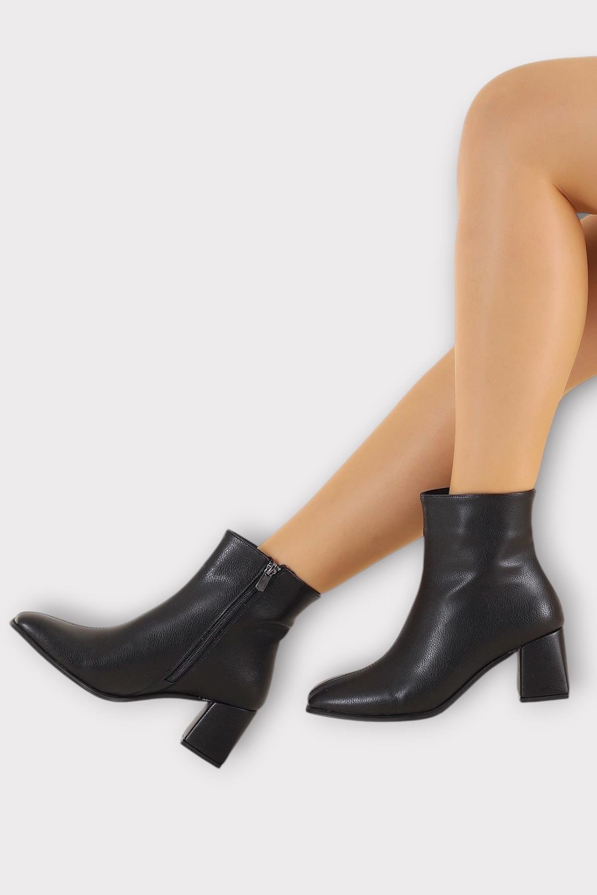 Kalın Topuklu Fermuarlı Kadın Bot SİYAH - Görsel 4