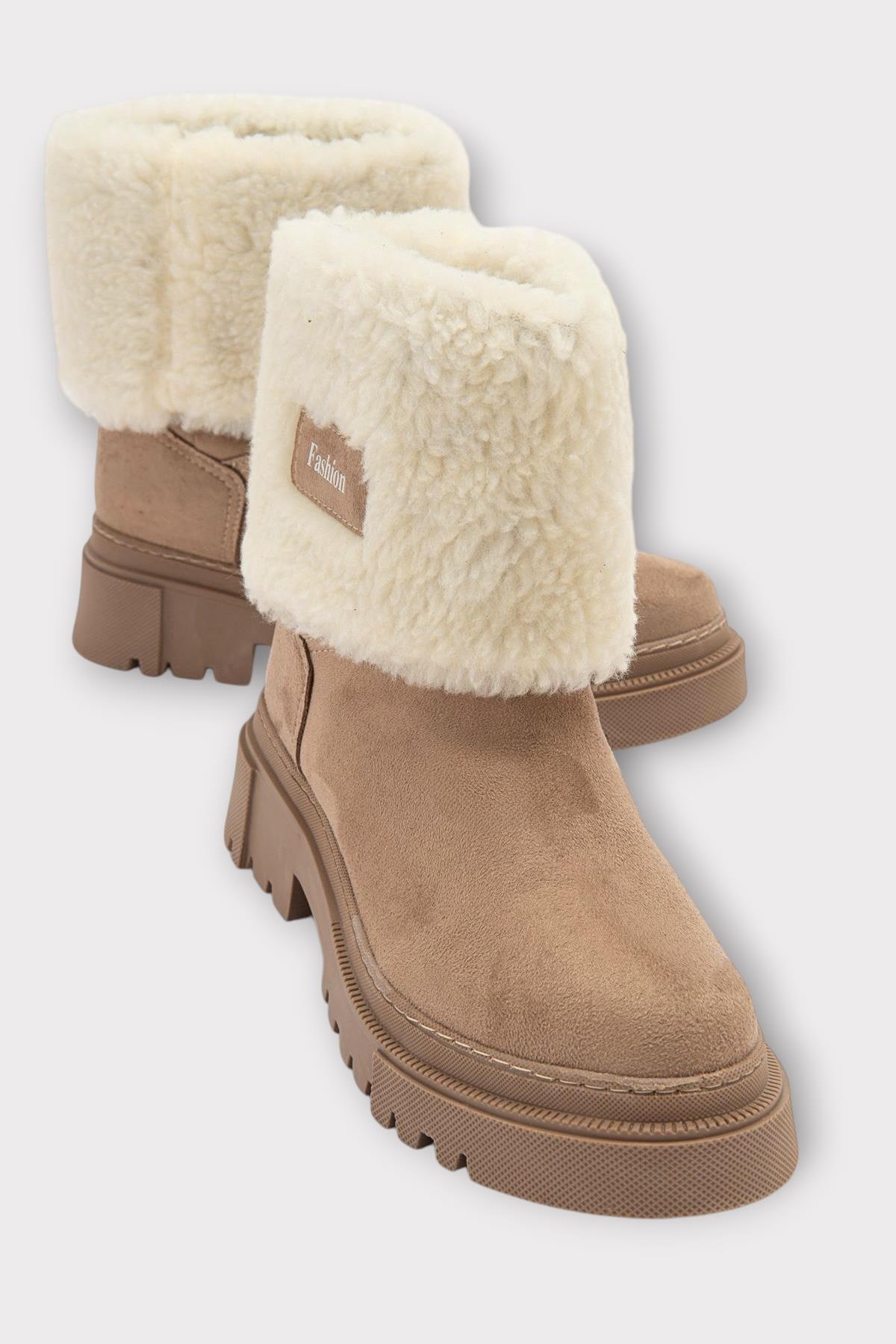 Kalın Taban Süet Kürklü Kadın Bot BEJ - Görsel 3