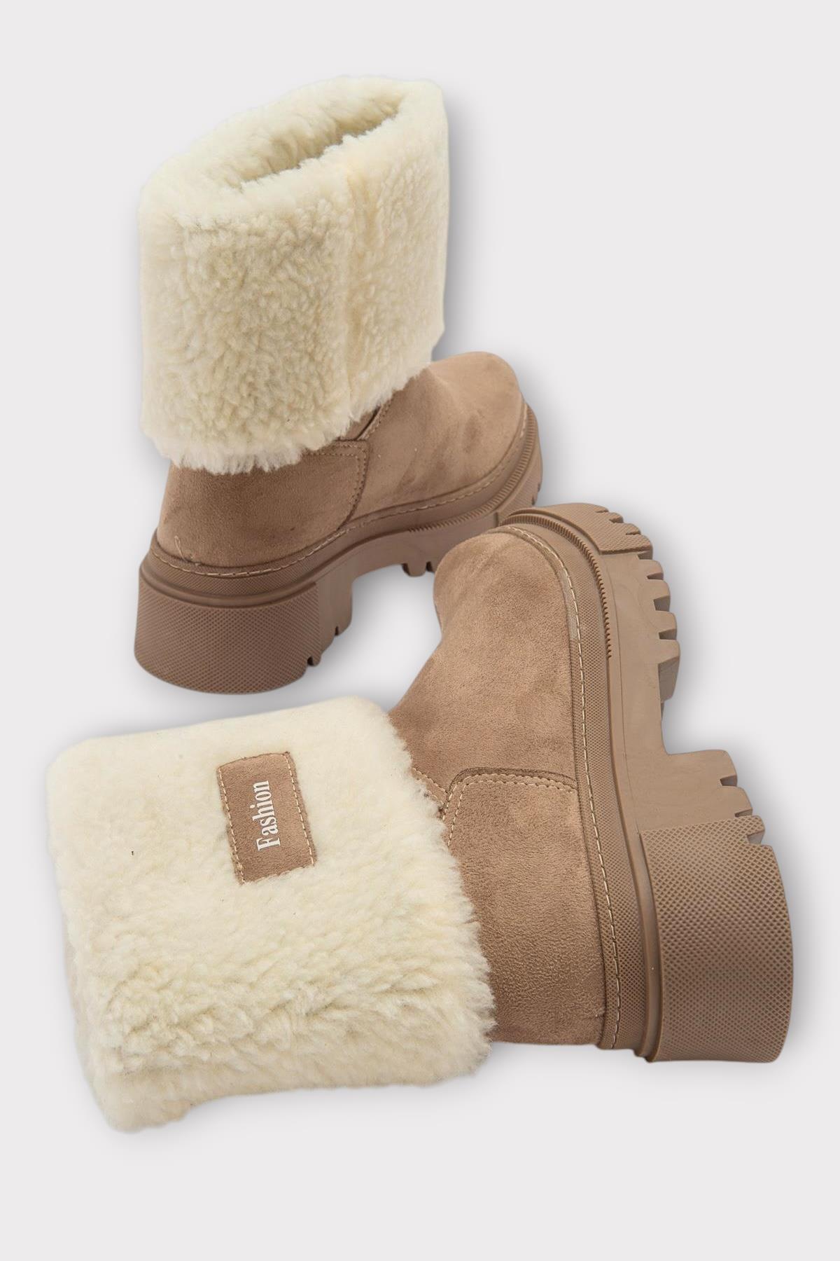 Kalın Taban Süet Kürklü Kadın Bot BEJ - Görsel 5