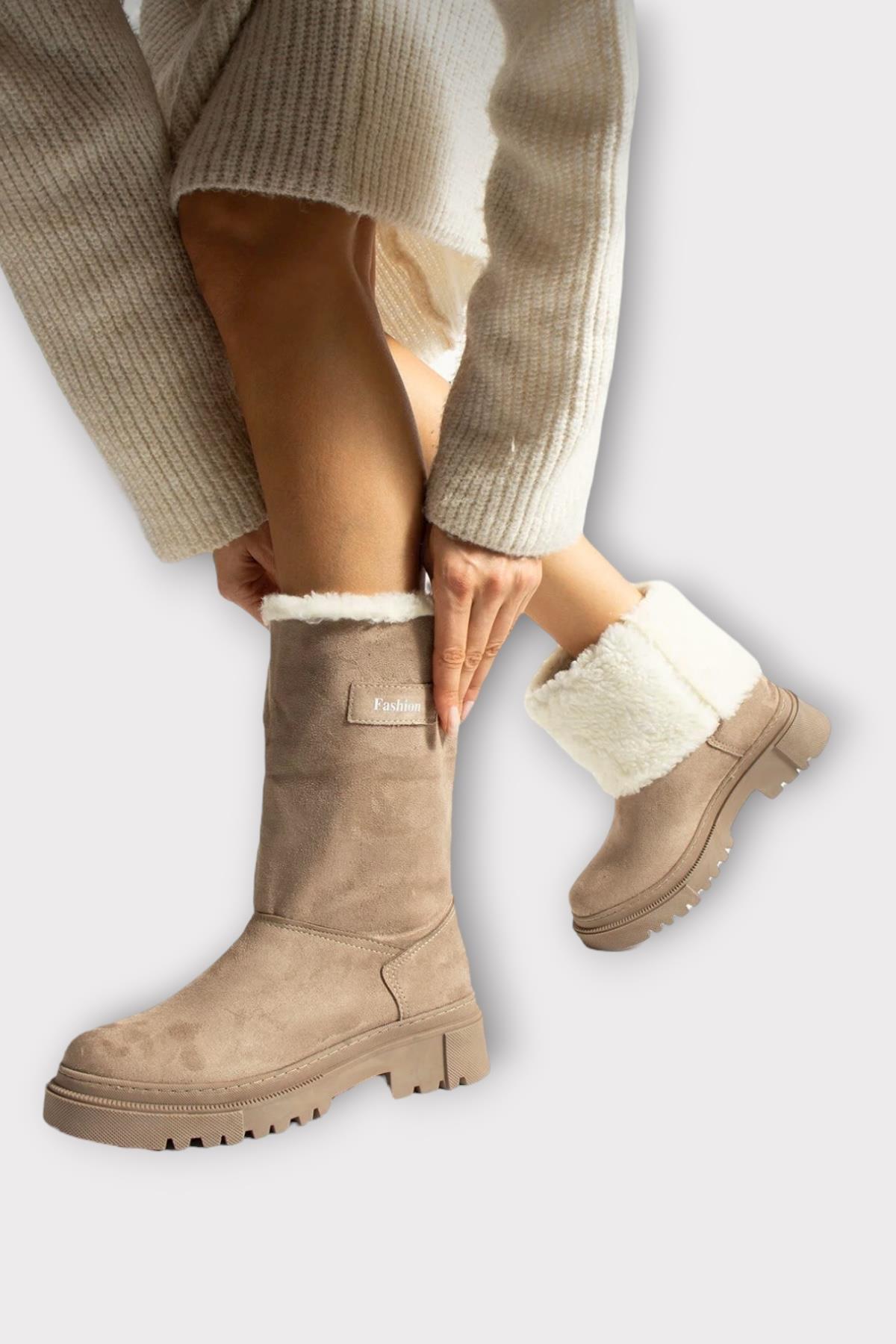 Kalın Taban Süet Kürklü Kadın Bot BEJ - Görsel 7