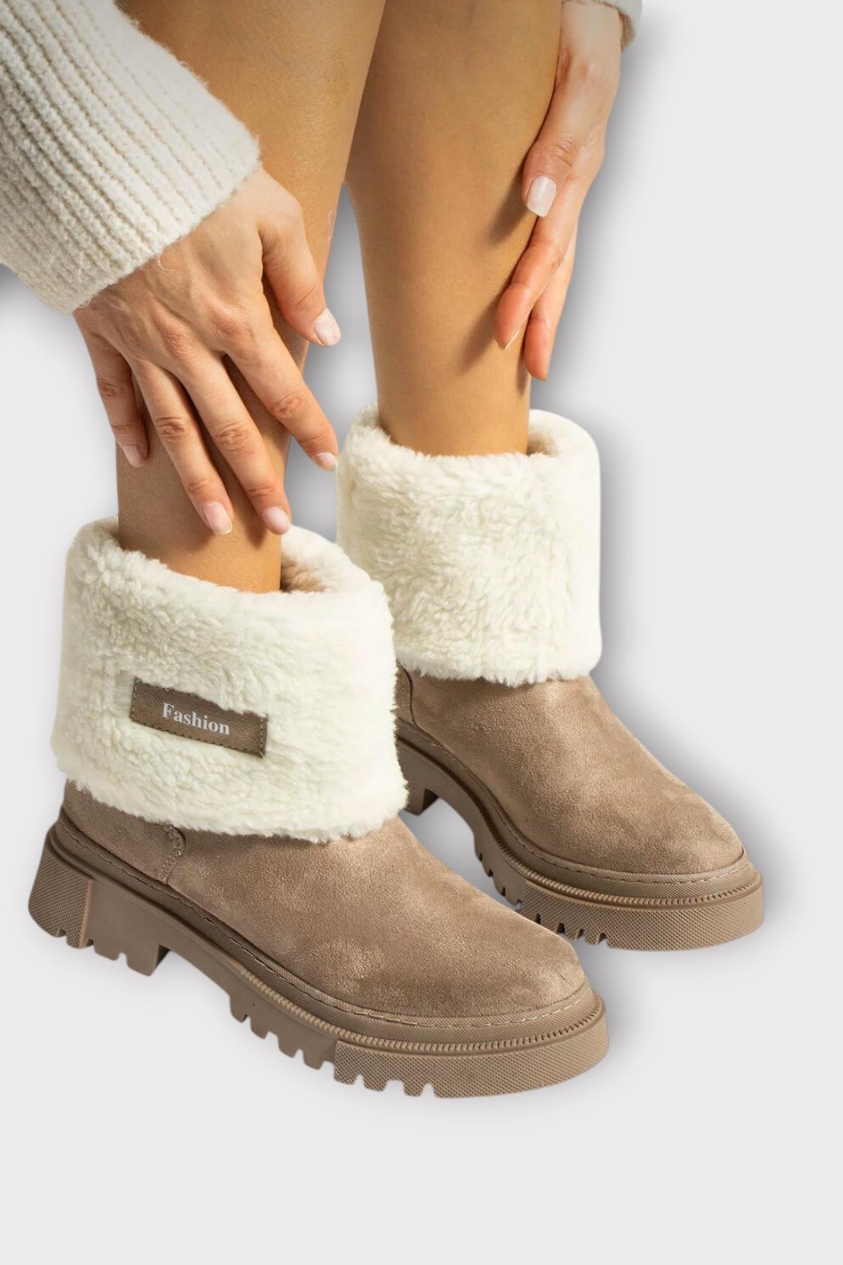 Kalın Taban Süet Kürklü Kadın Bot BEJ - Görsel 8