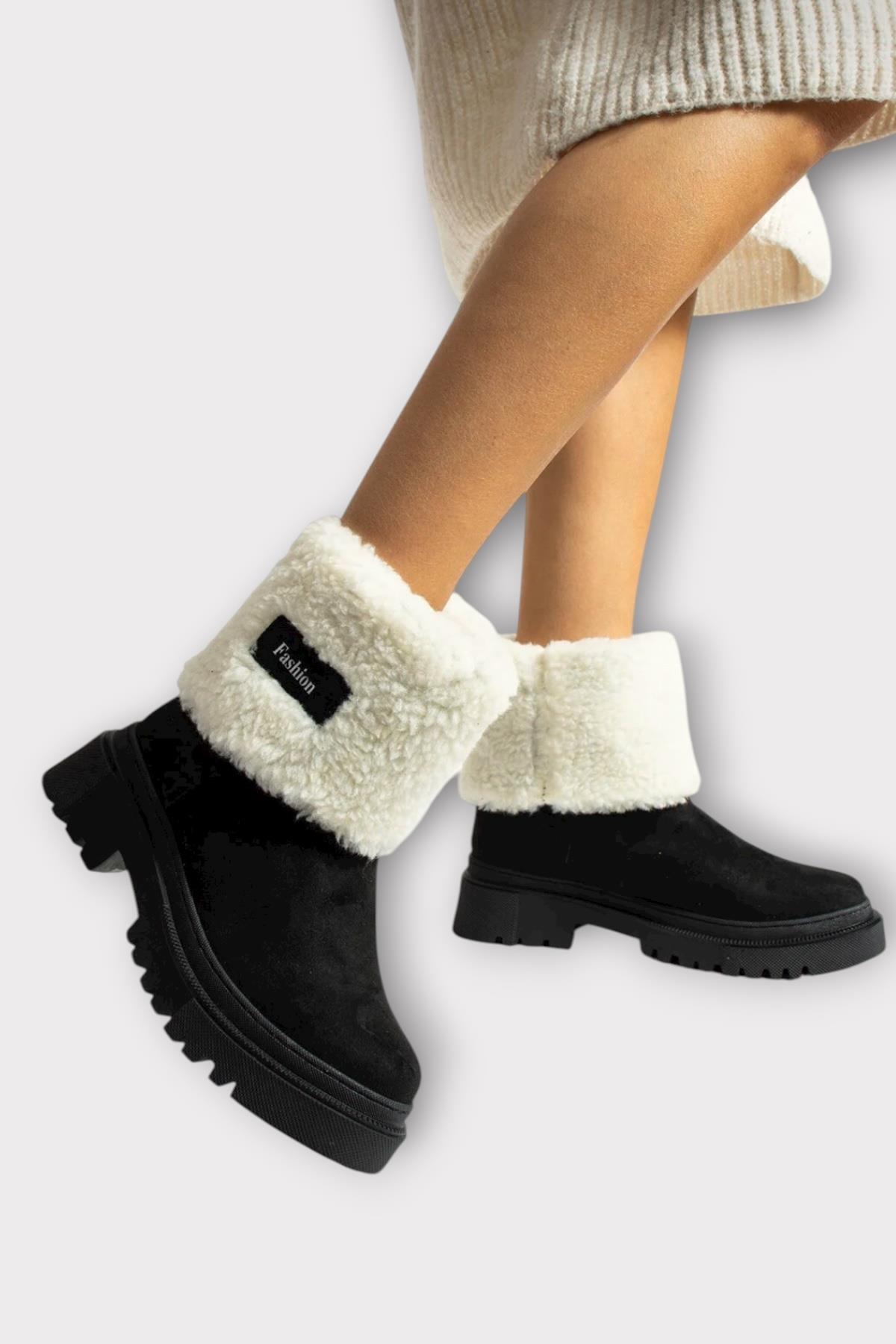 Kalın Taban Süet Kürklü Kadın Bot SİYAH - Görsel 7
