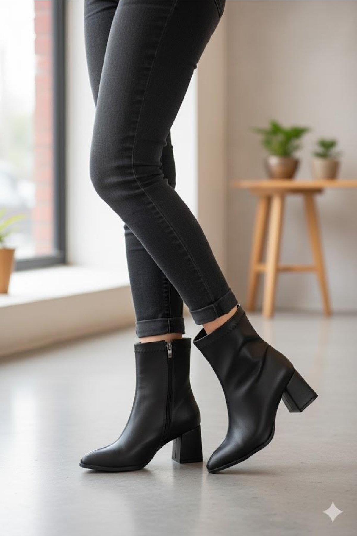 1193 Uraz Rahat 6 Cm Kalın Topuk Yüksekliği Sivri Burun Kadın Bot - Görsel 3