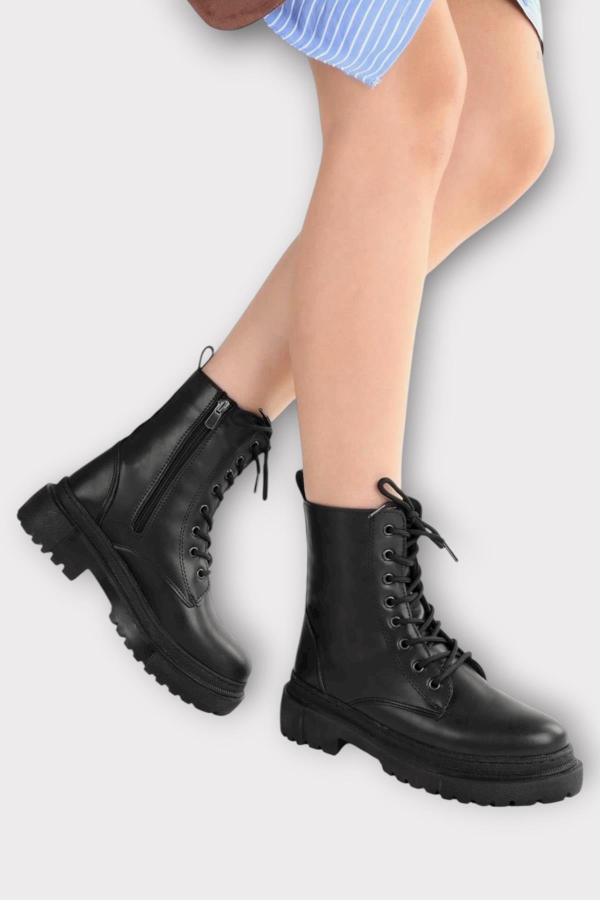 Kalın Taban Fermuarlı Postal Kadın Bot SİYAH - Görsel 2