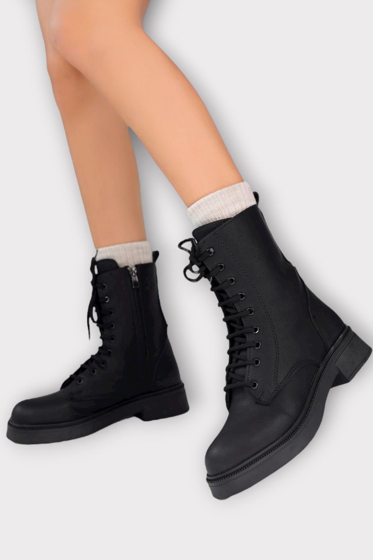 Kaydırmaz Taban Fermuarlı Postal Kadın Bot SİYAH - SİYAH - Görsel 2