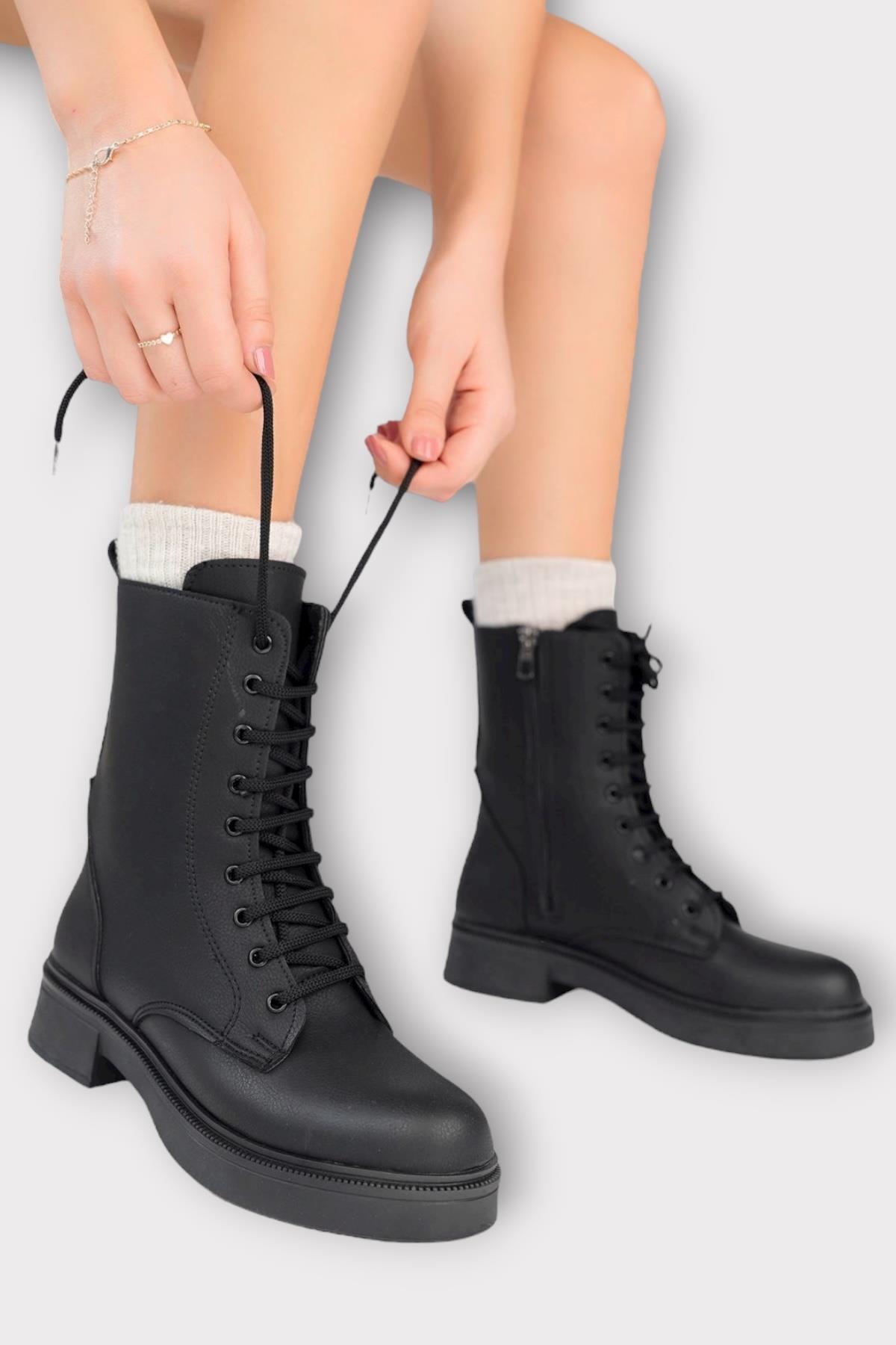 Kaydırmaz Taban Fermuarlı Postal Kadın Bot SİYAH - SİYAH - Görsel 3